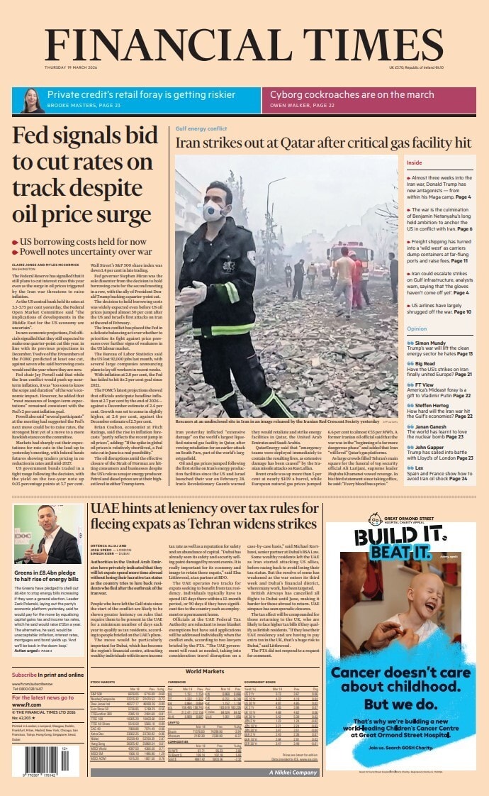 Front page of Financial Times, 19 March 2026