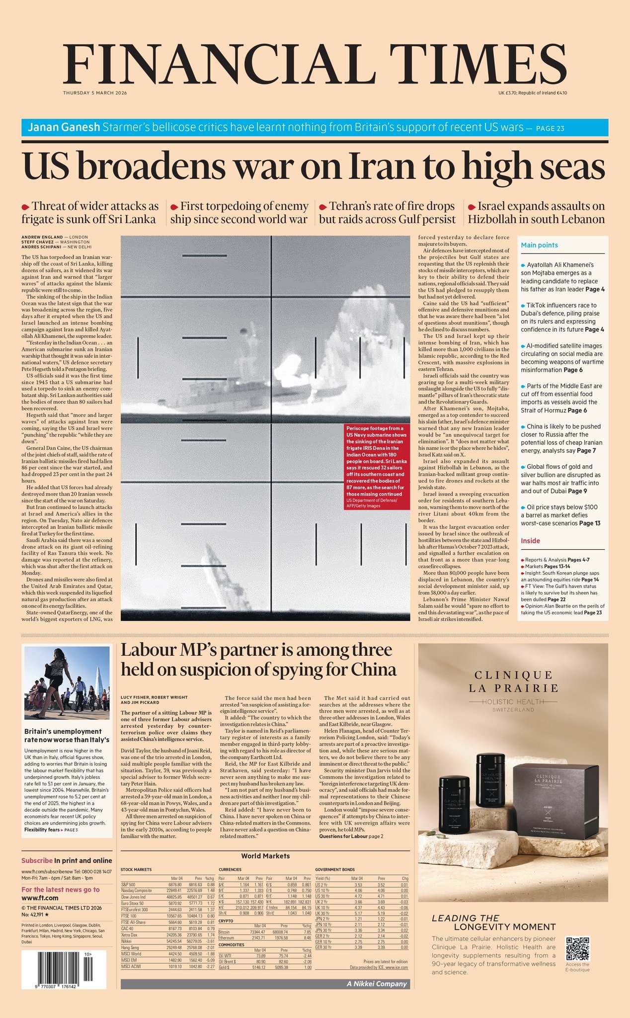 Front page of Financial Times, 5 March 2026