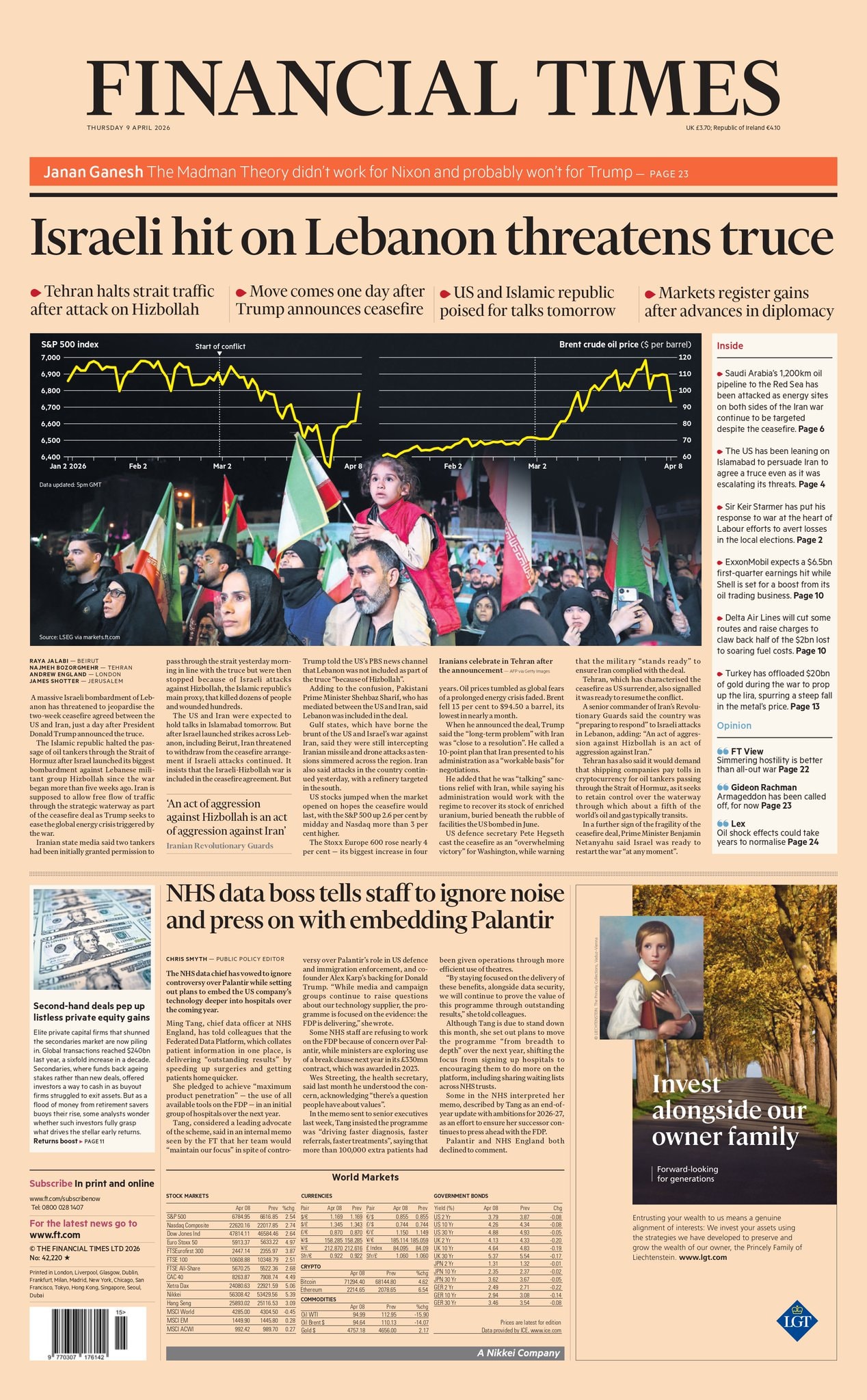 Front page of Financial Times, 9 April 2026