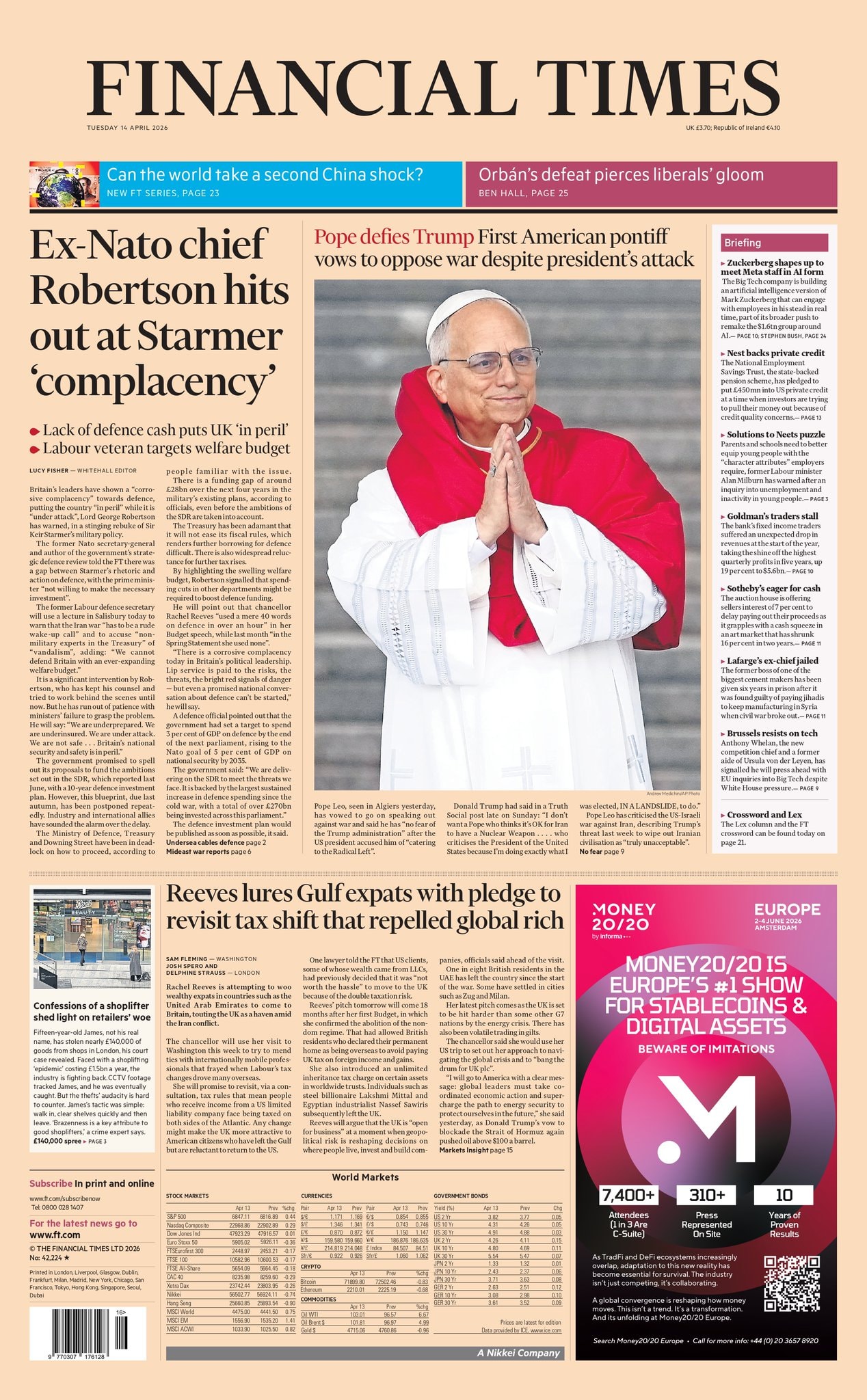 Front page of Financial Times, 14 April 2026