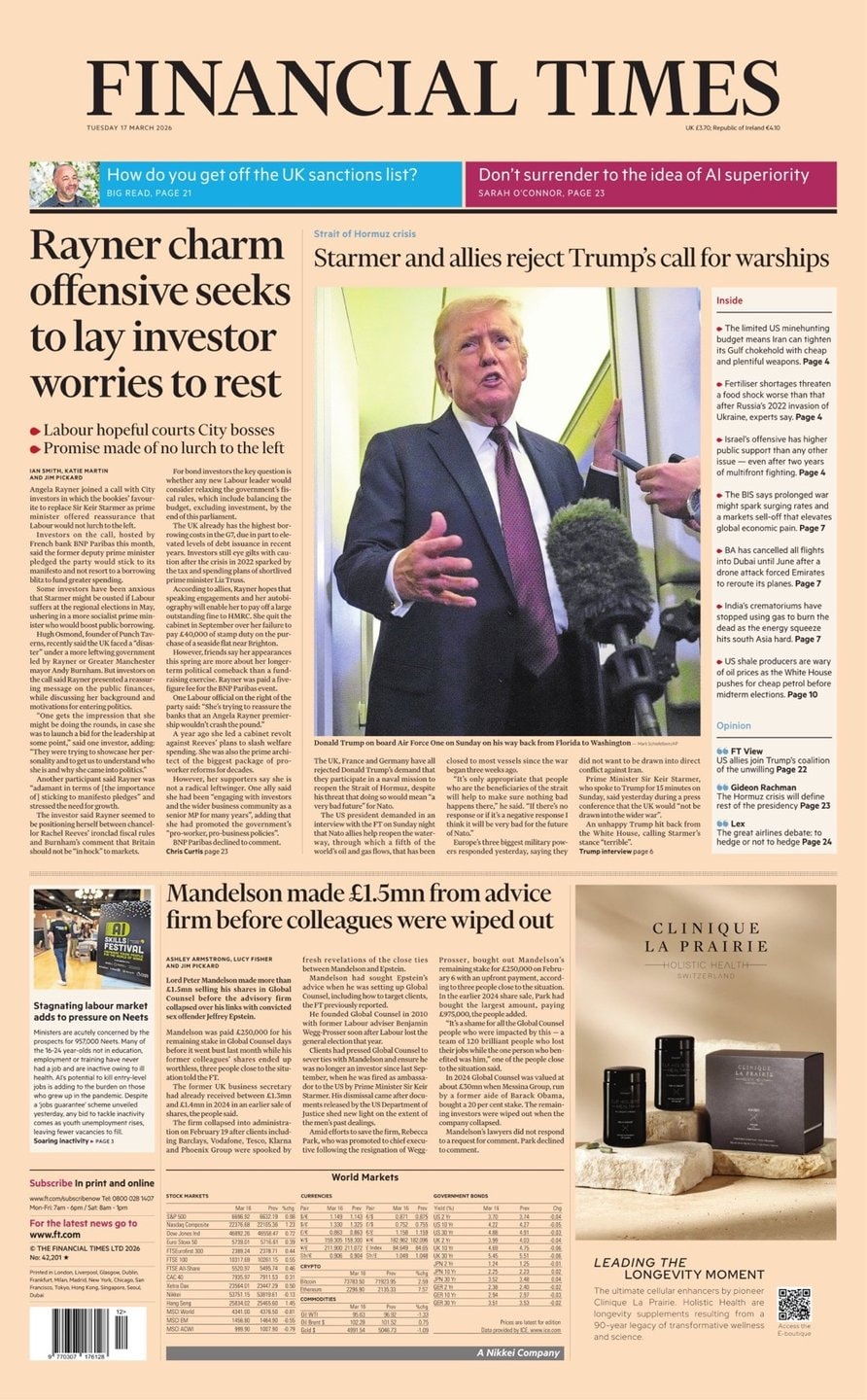 Front page of Financial Times, 17 March 2026