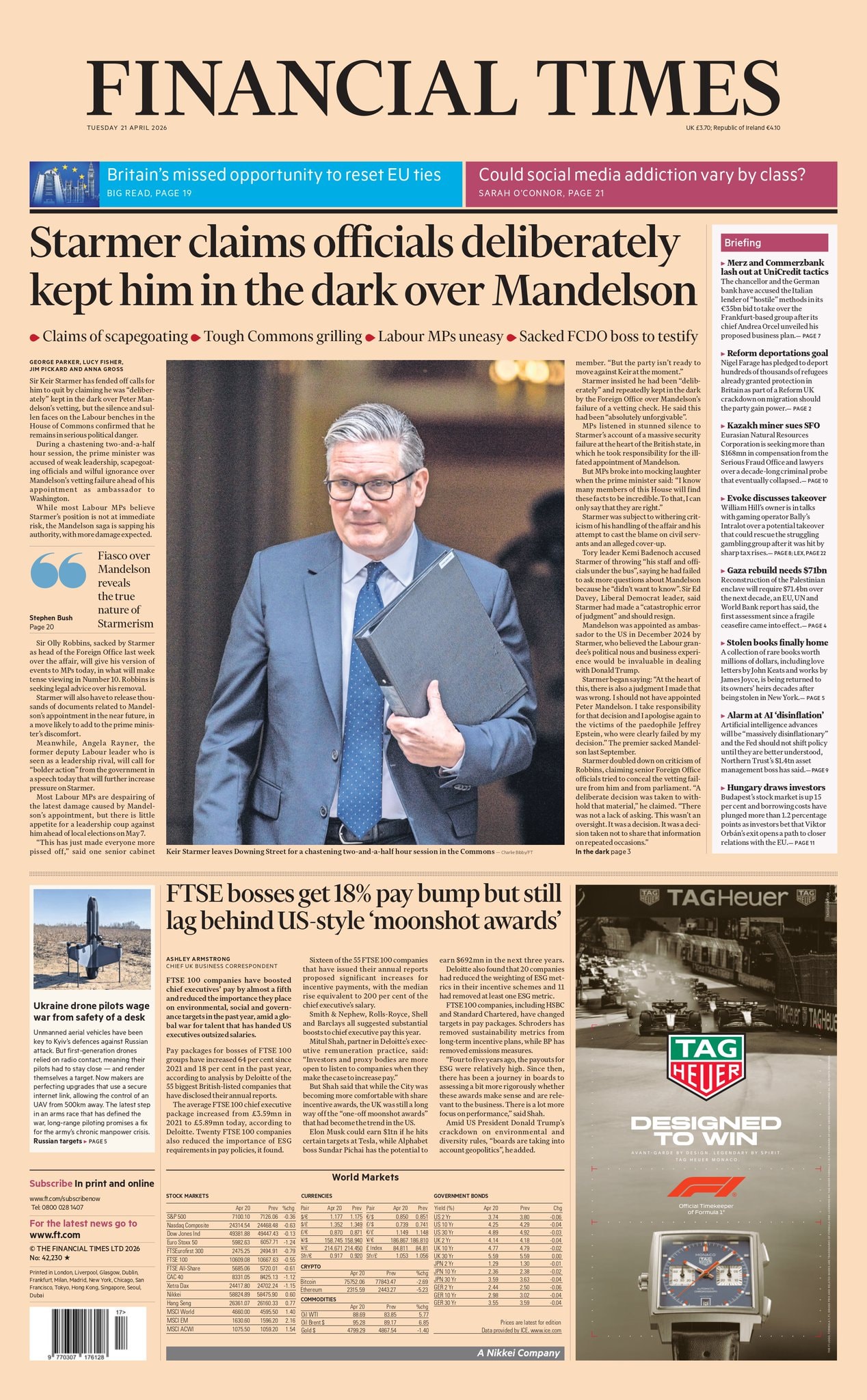 Front page of Financial Times, 21 April 2026