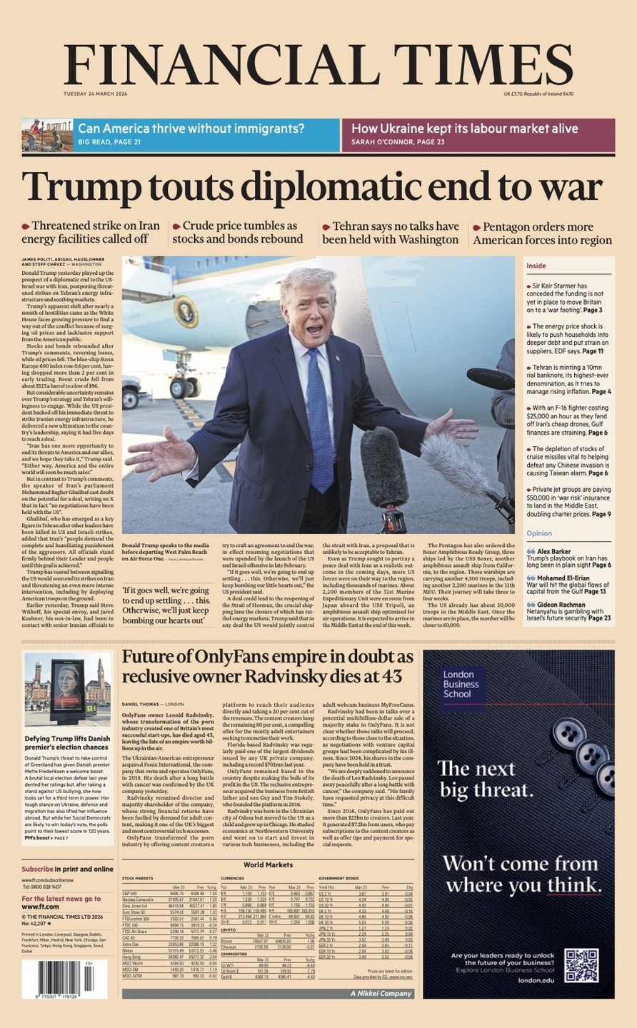 Front page of Financial Times, 24 March 2026