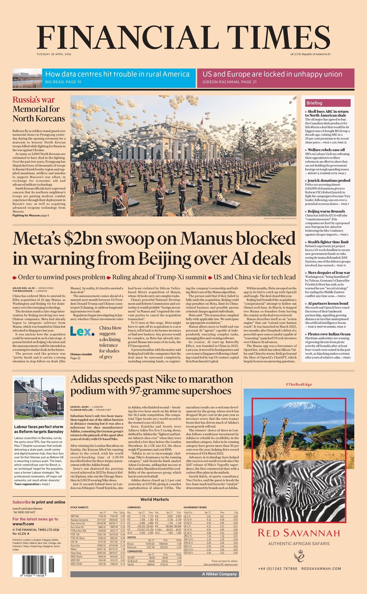 Front page of Financial Times, 28 April 2026