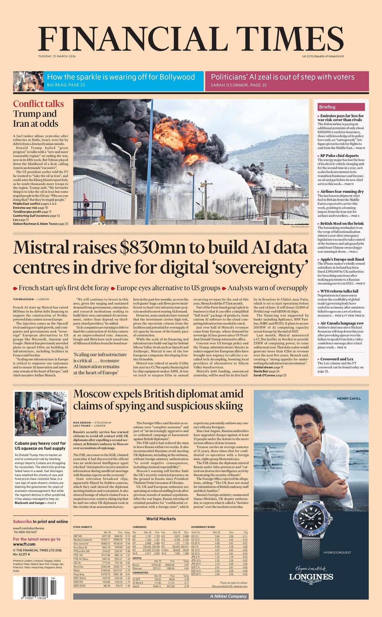 Front page of Financial Times, 31 March 2026