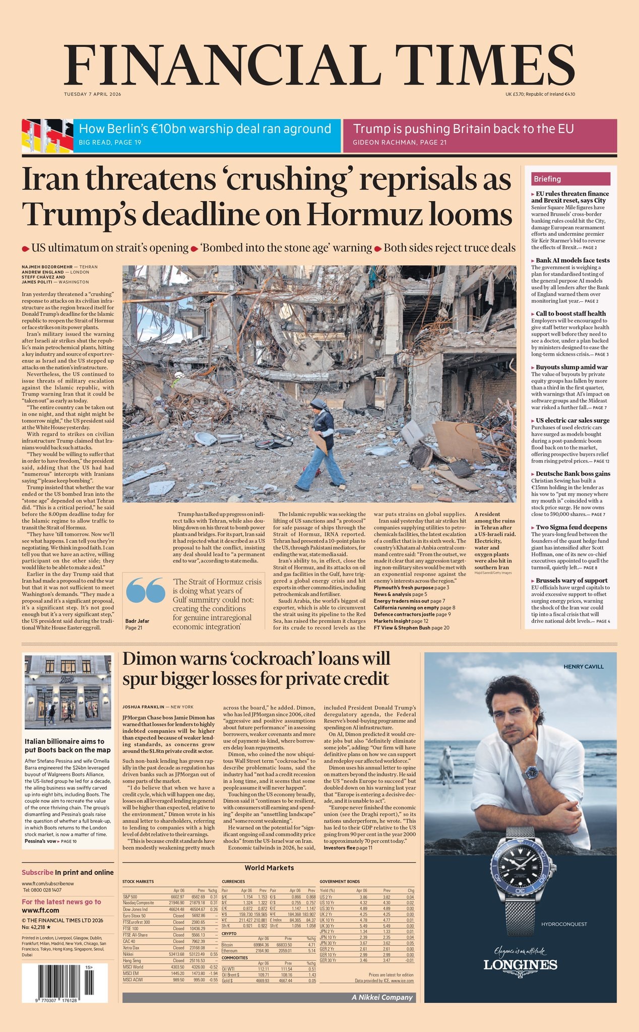 Front page of Financial Times, 7 April 2026