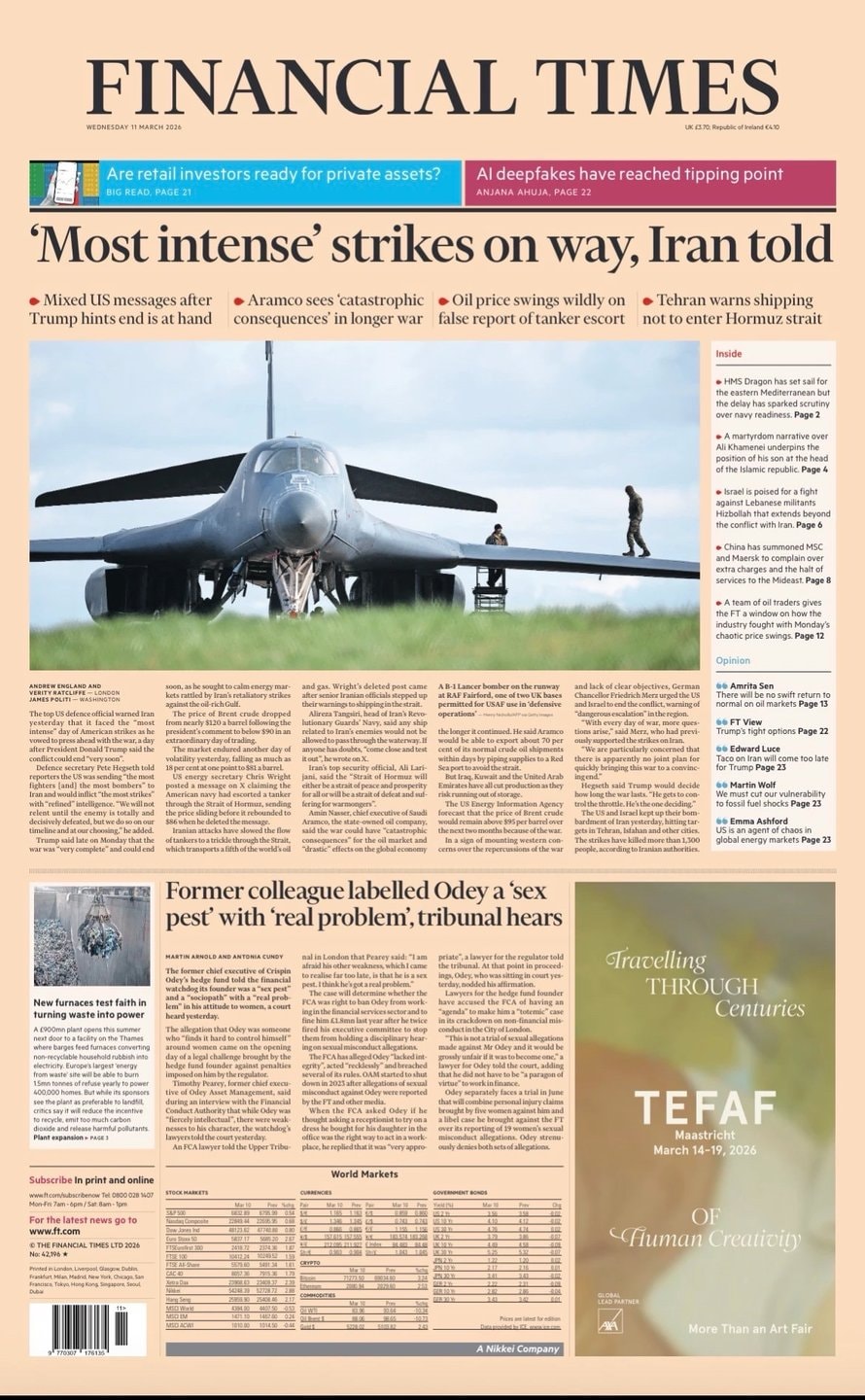 Front page of Financial Times, 11 March 2026