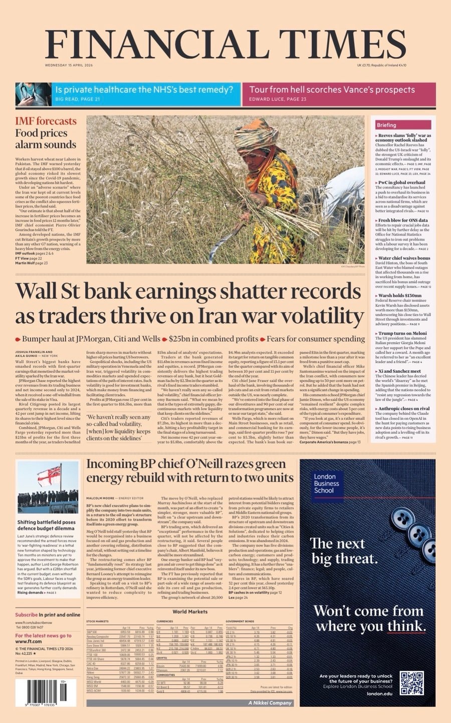 Front page of Financial Times, 15 April 2026