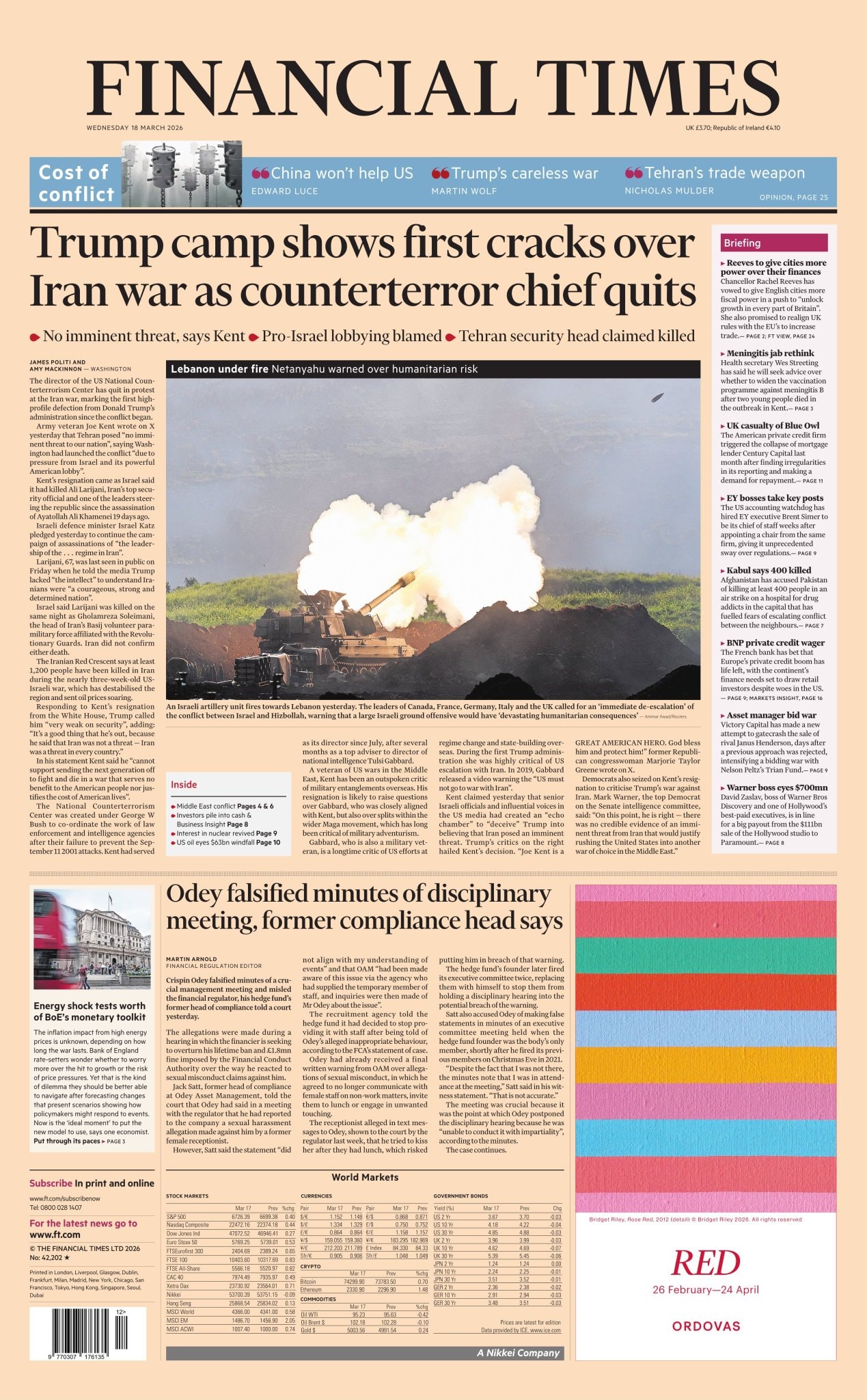 Front page of Financial Times, 18 March 2026