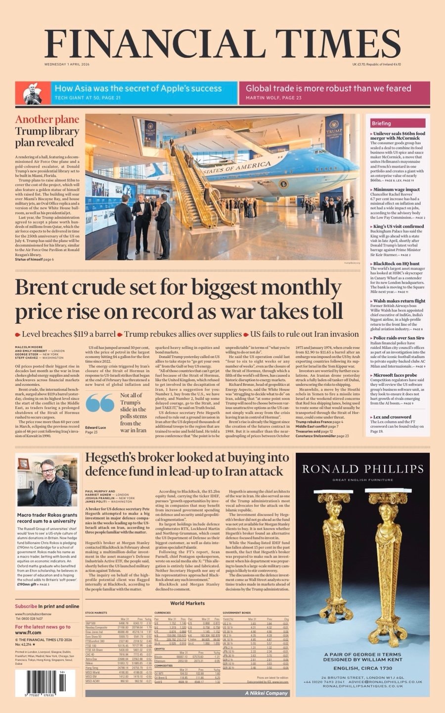 Front page of Financial Times, 1 April 2026
