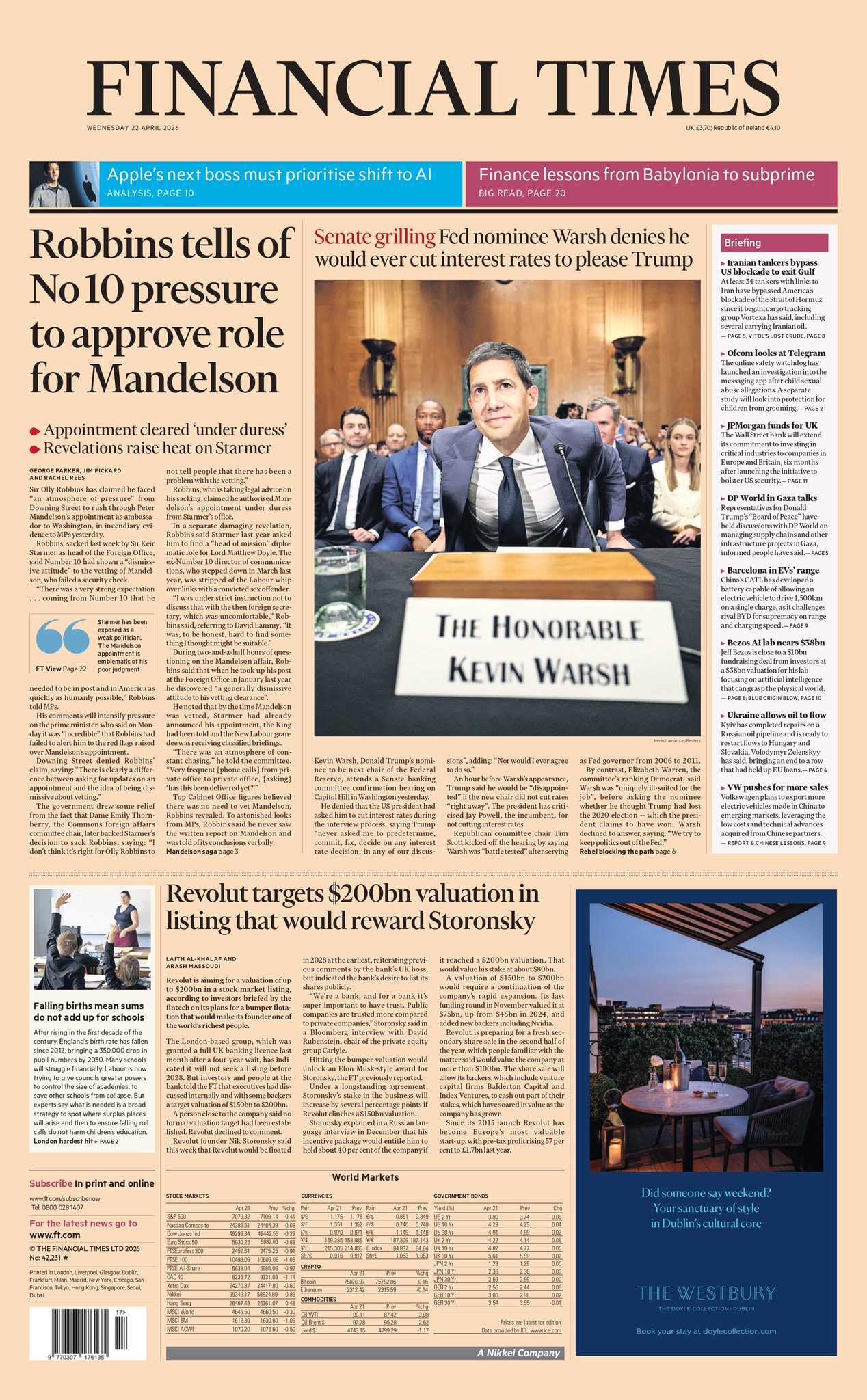 Front page of Financial Times, 22 April 2026