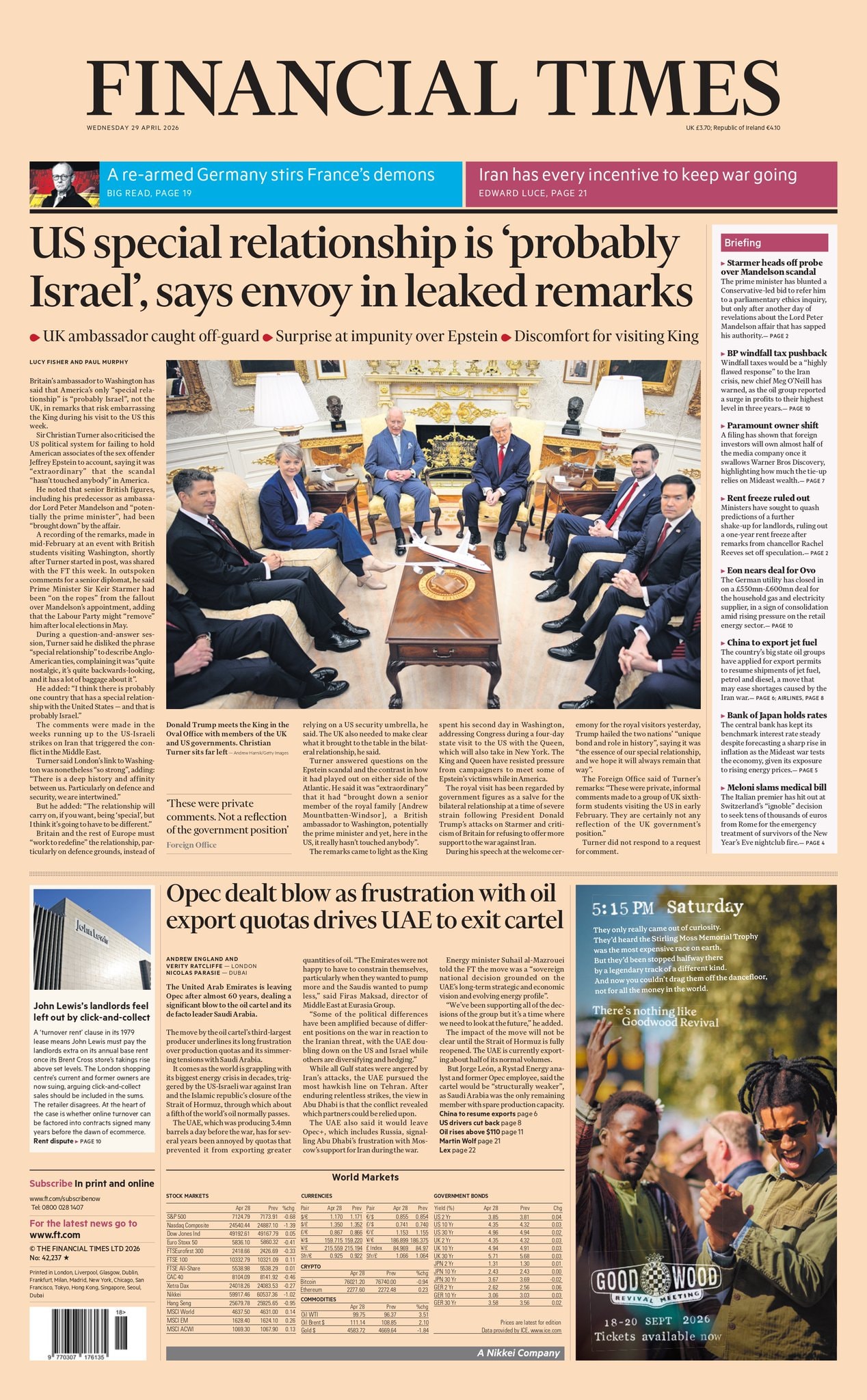 Front page of Financial Times, 29 April 2026