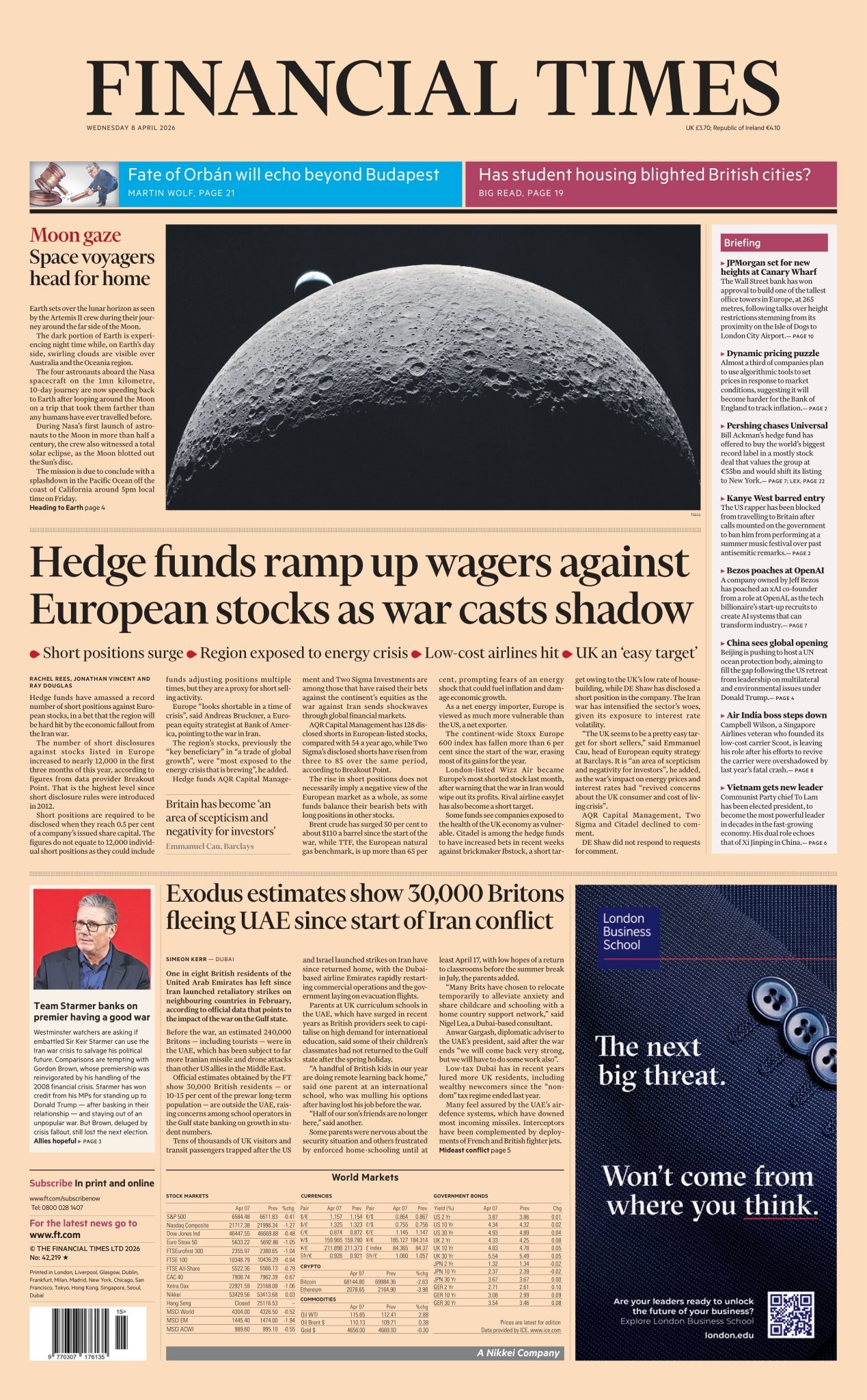 Front page of Financial Times, 8 April 2026