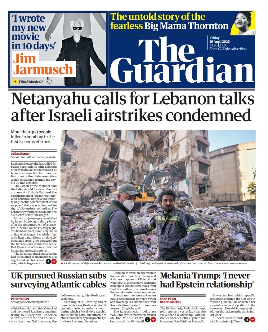 Front page of Guardian, 10 April 2026