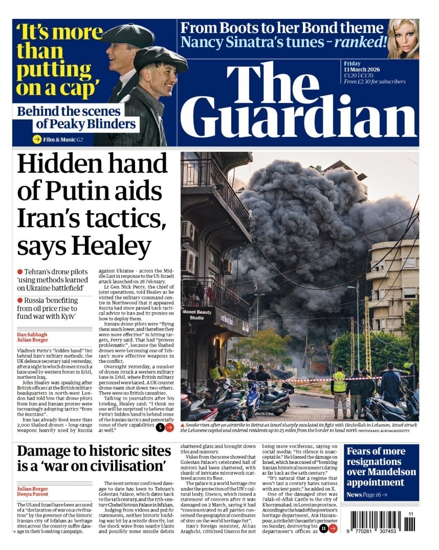 Front page of Guardian, 13 March 2026