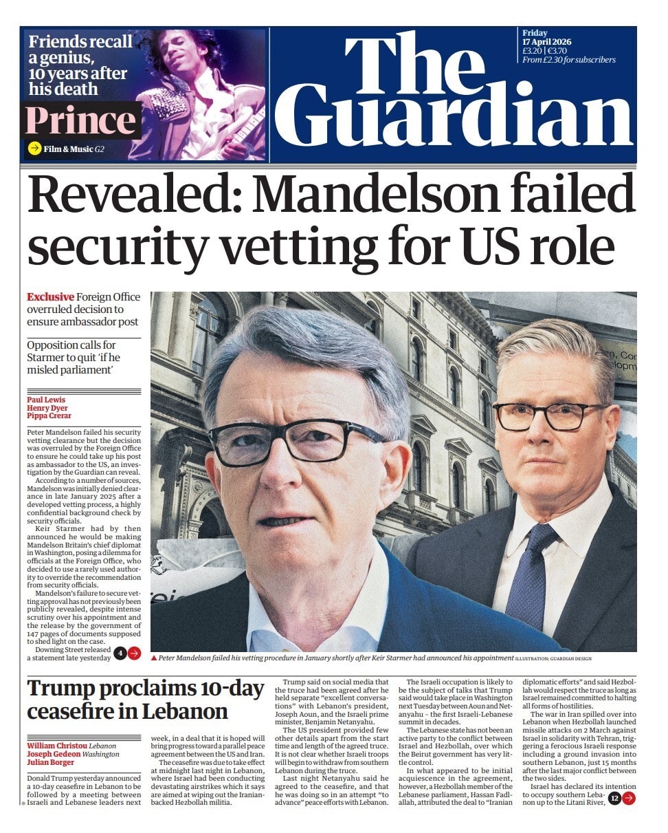 Front page of Guardian, 17 April 2026