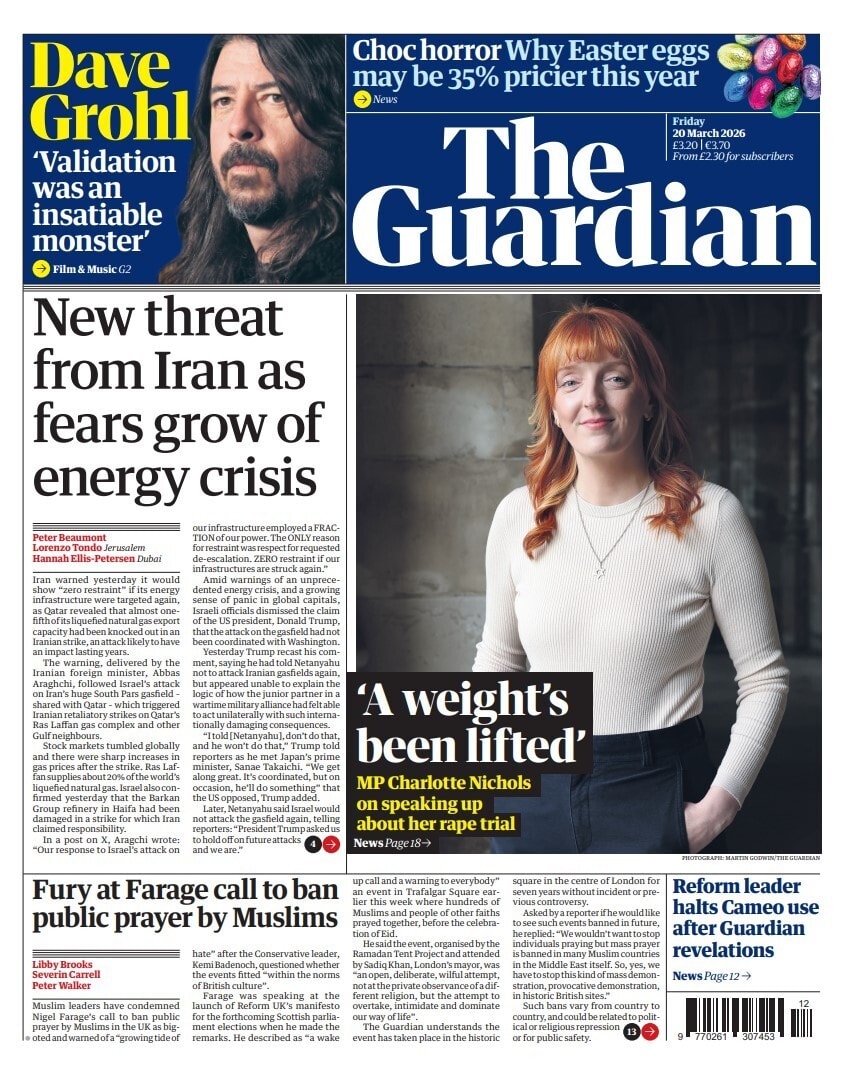 Front page of Guardian, 20 March 2026