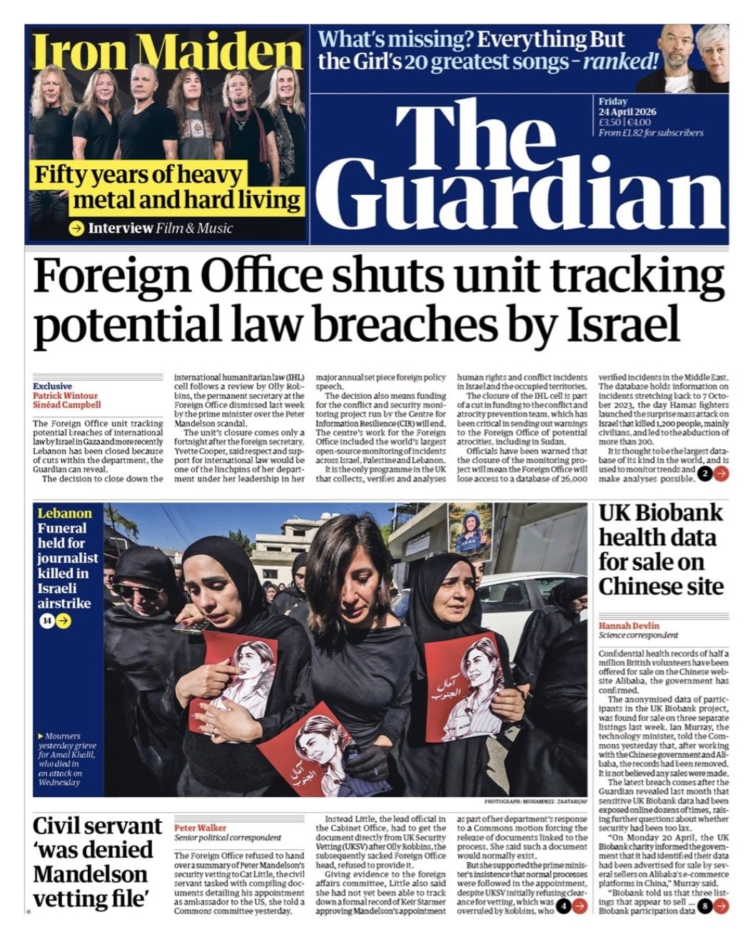 Front page of Guardian, 24 April 2026