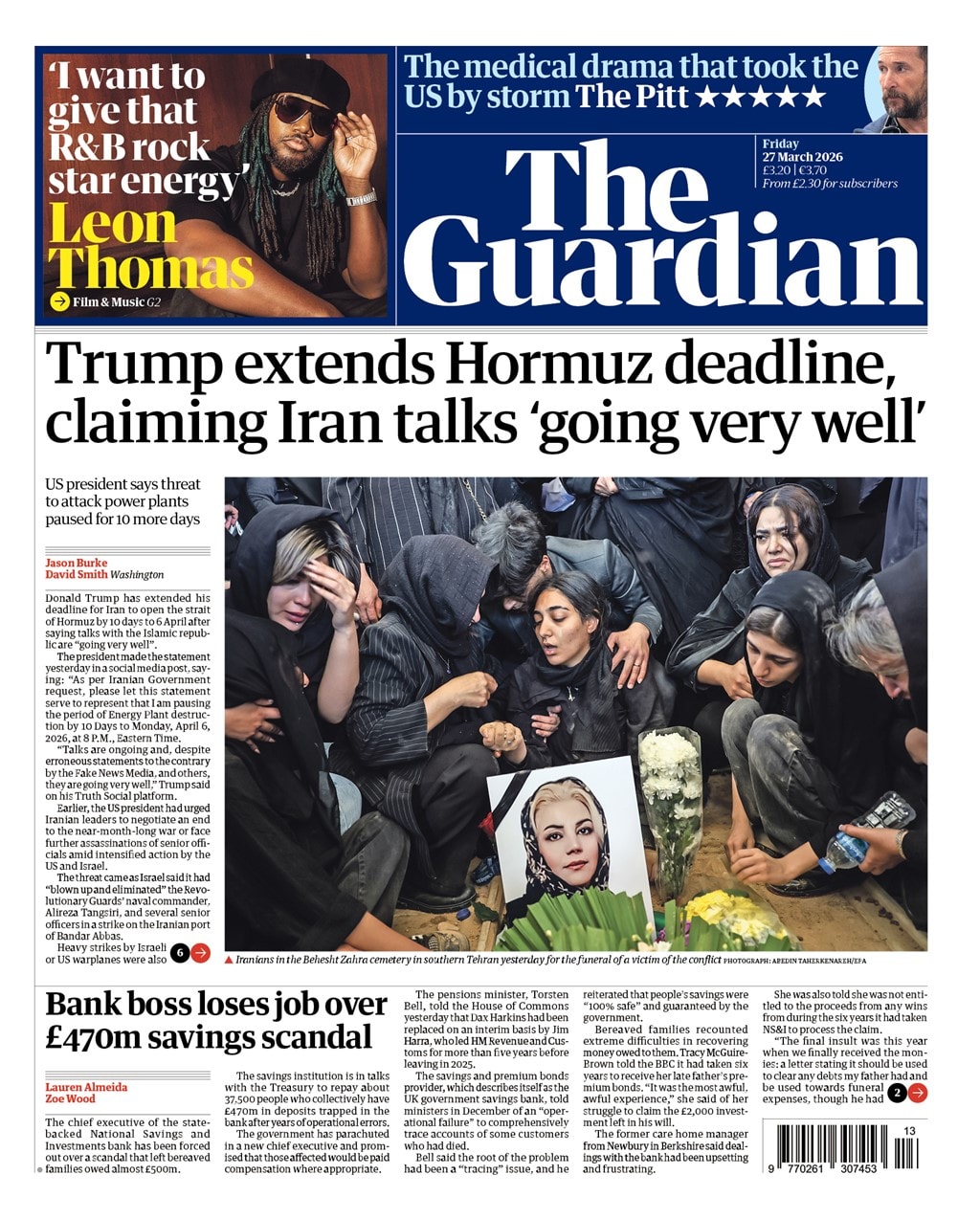 Front page of Guardian, 27 March 2026