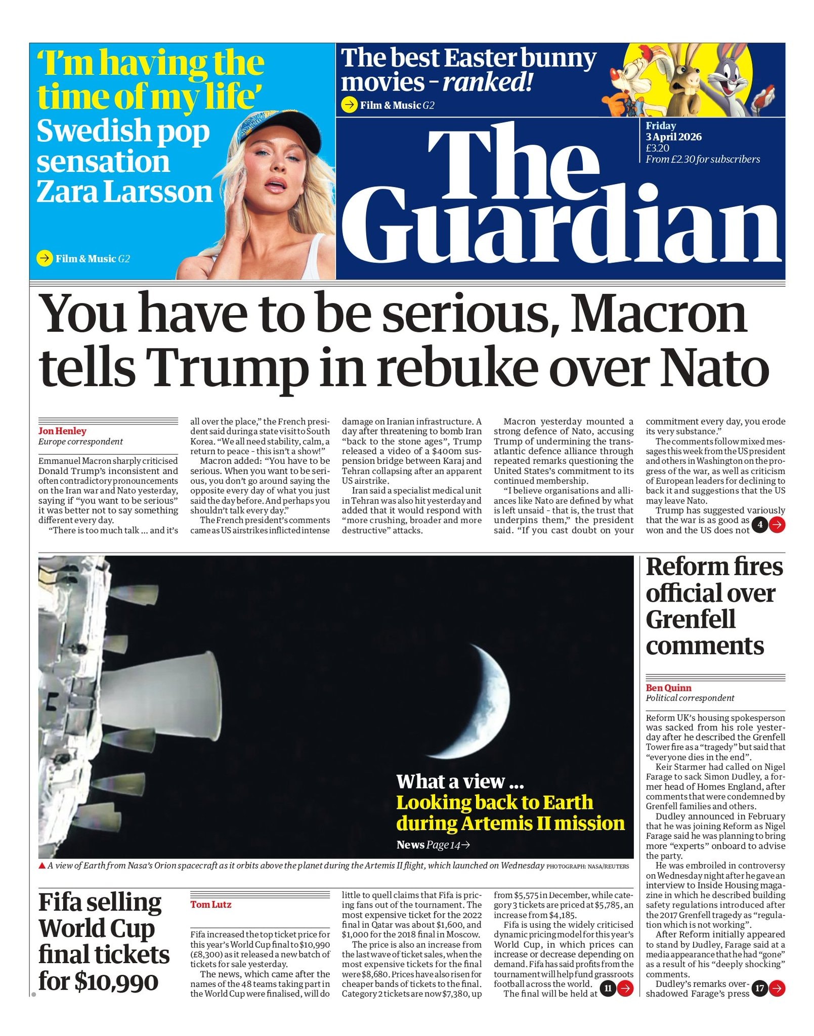 Front page of Guardian, 3 April 2026