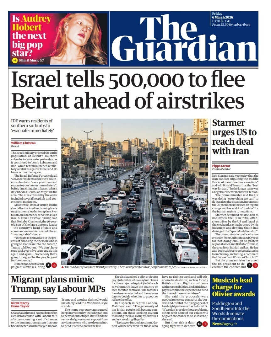Front page of Guardian, 6 March 2026