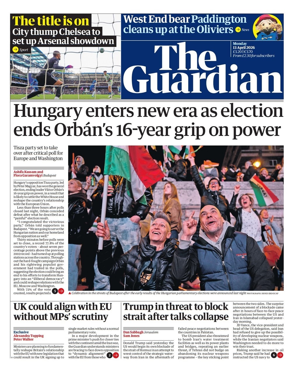 Front page of Guardian, 13 April 2026