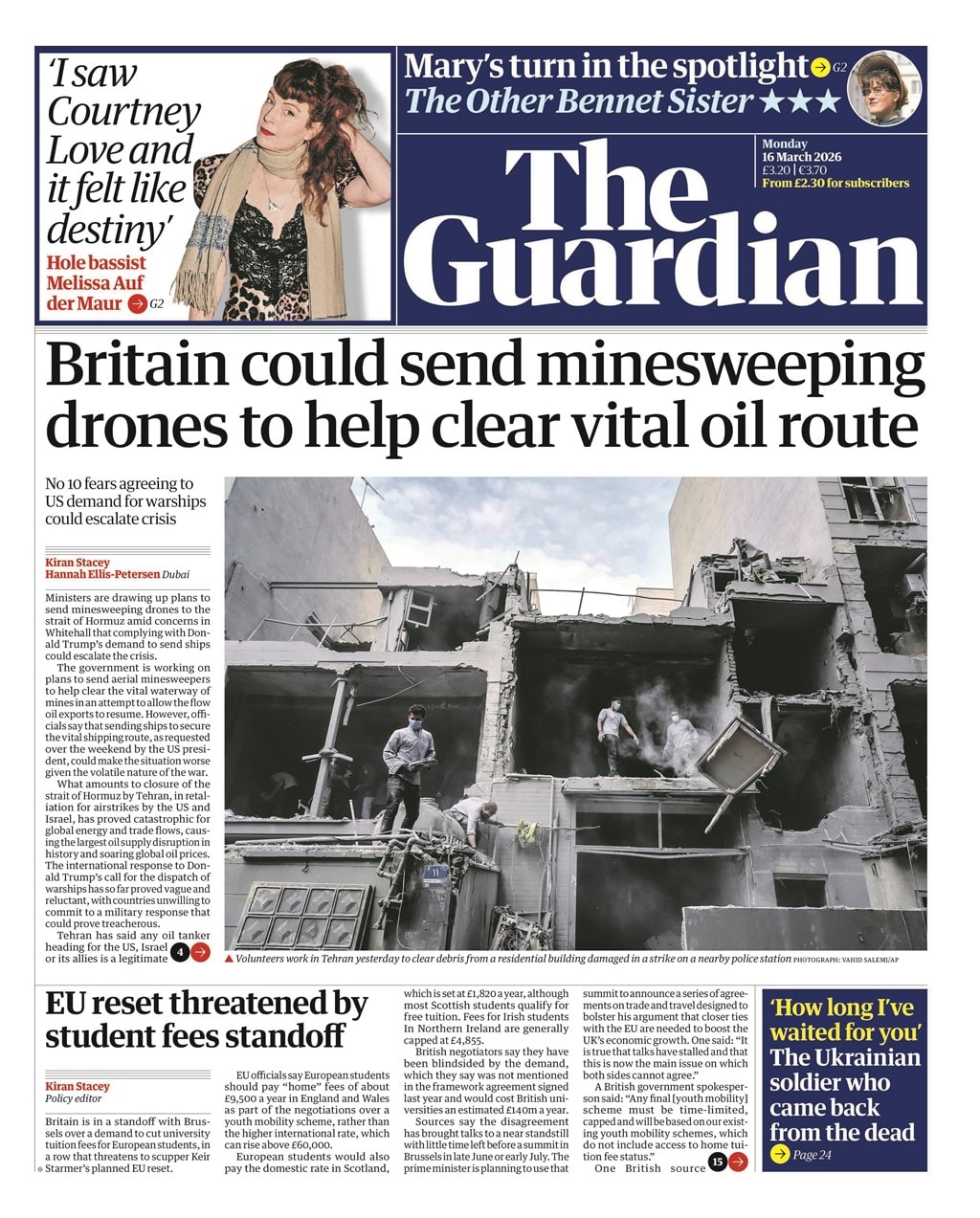 Front page of Guardian, 16 March 2026