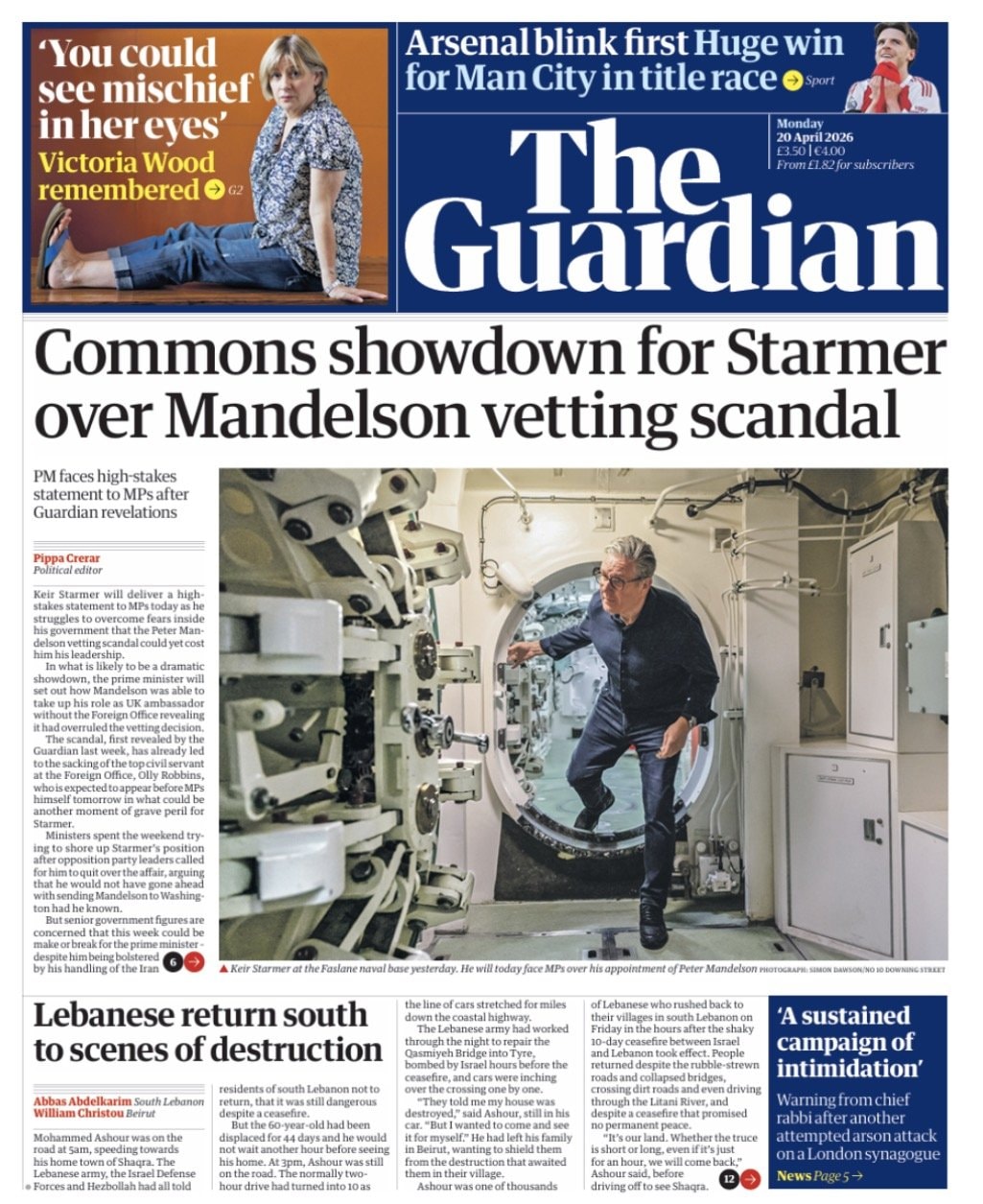 Front page of Guardian, 20 April 2026