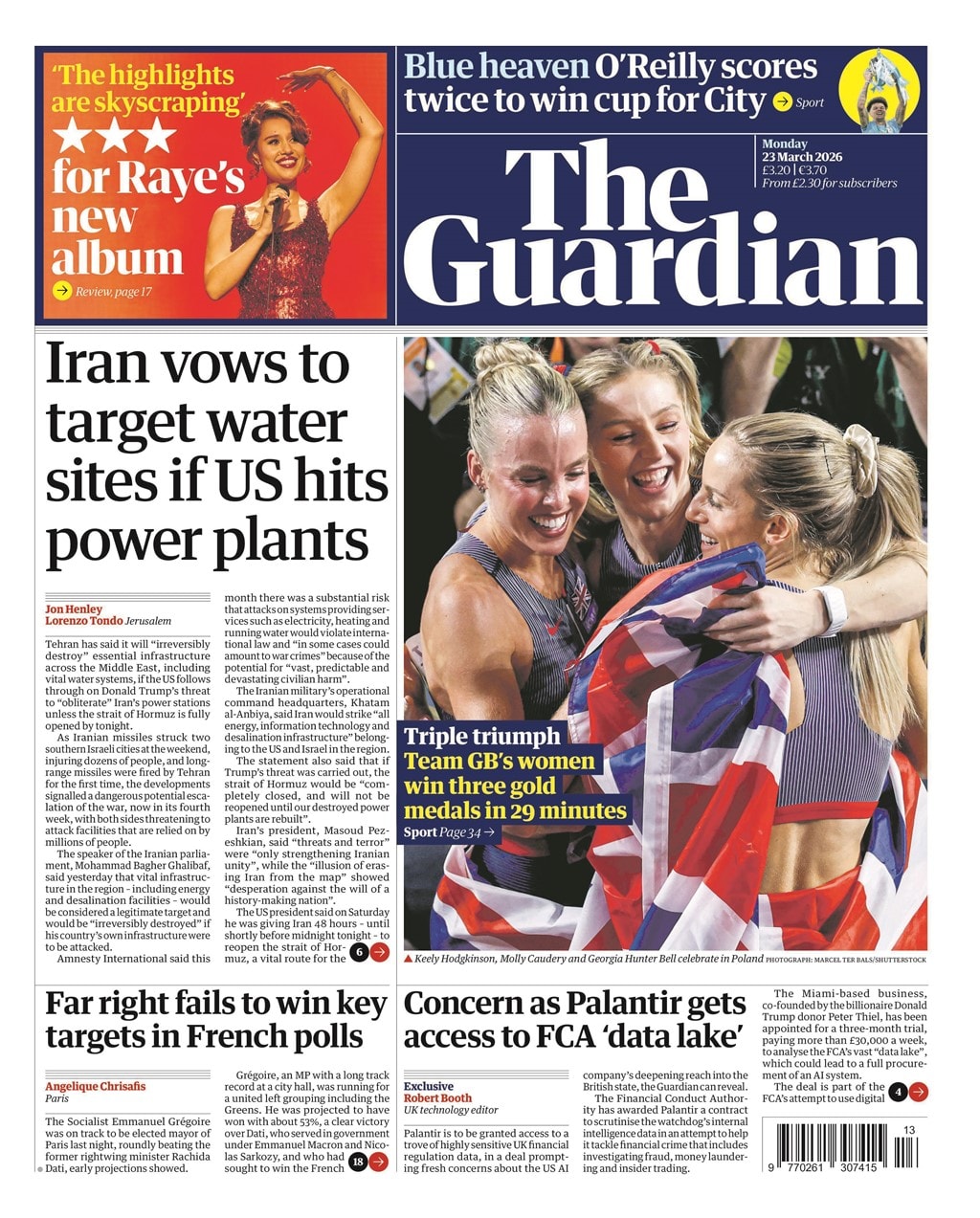 Front page of Guardian, 23 March 2026