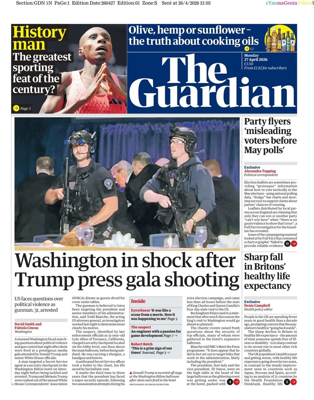 Front page of Guardian, 27 April 2026