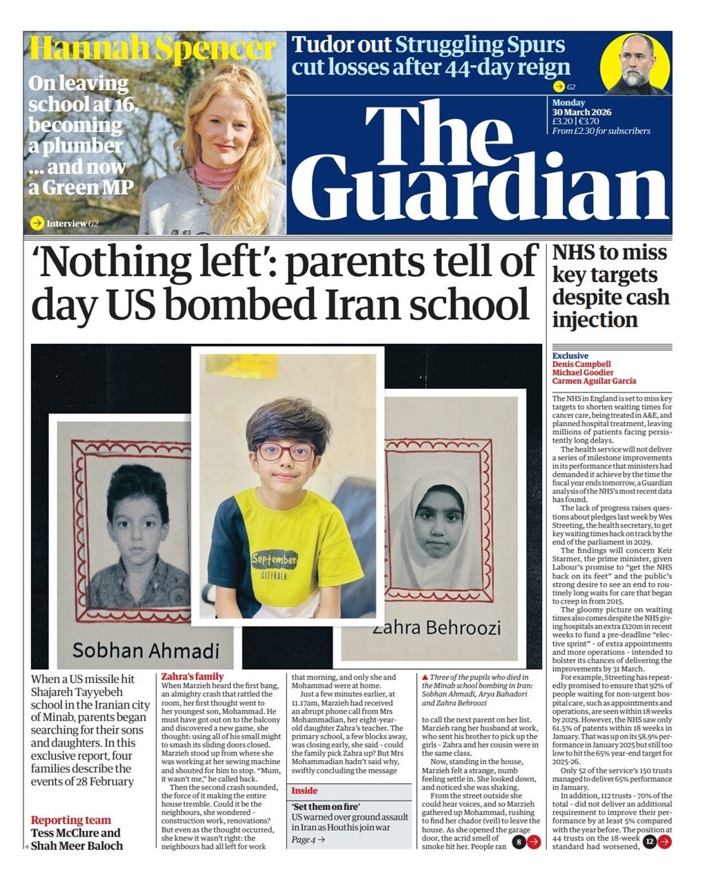 Front page of Guardian, 30 March 2026