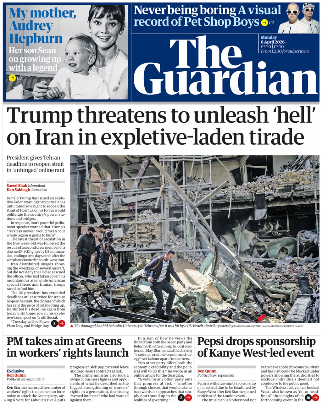 Front page of Guardian, 6 April 2026