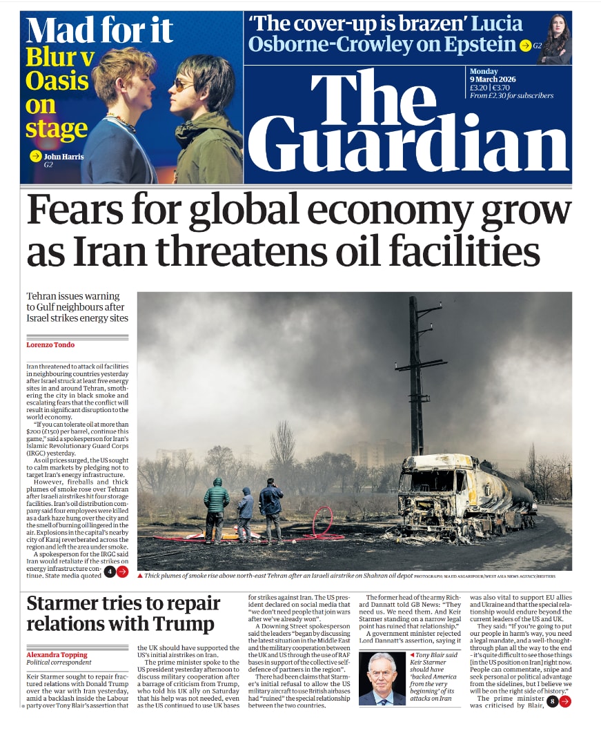 Front page of Guardian, 9 March 2026