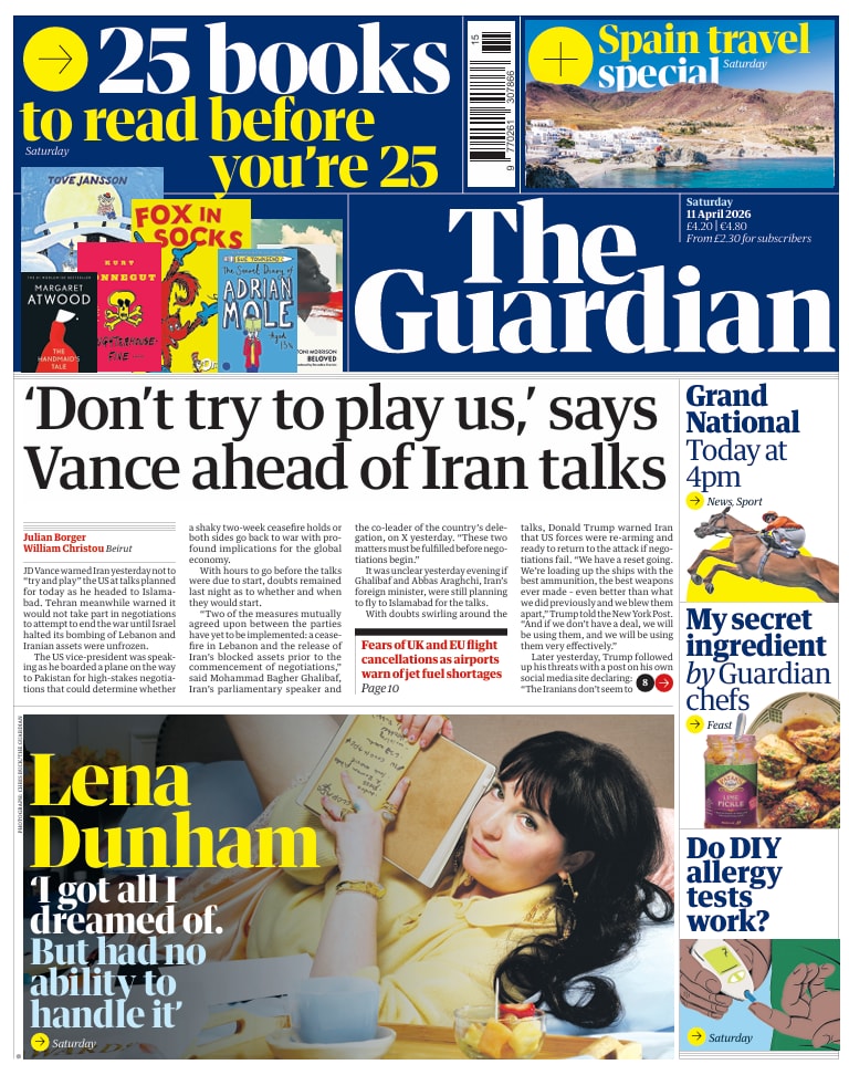Front page of Guardian, 11 April 2026