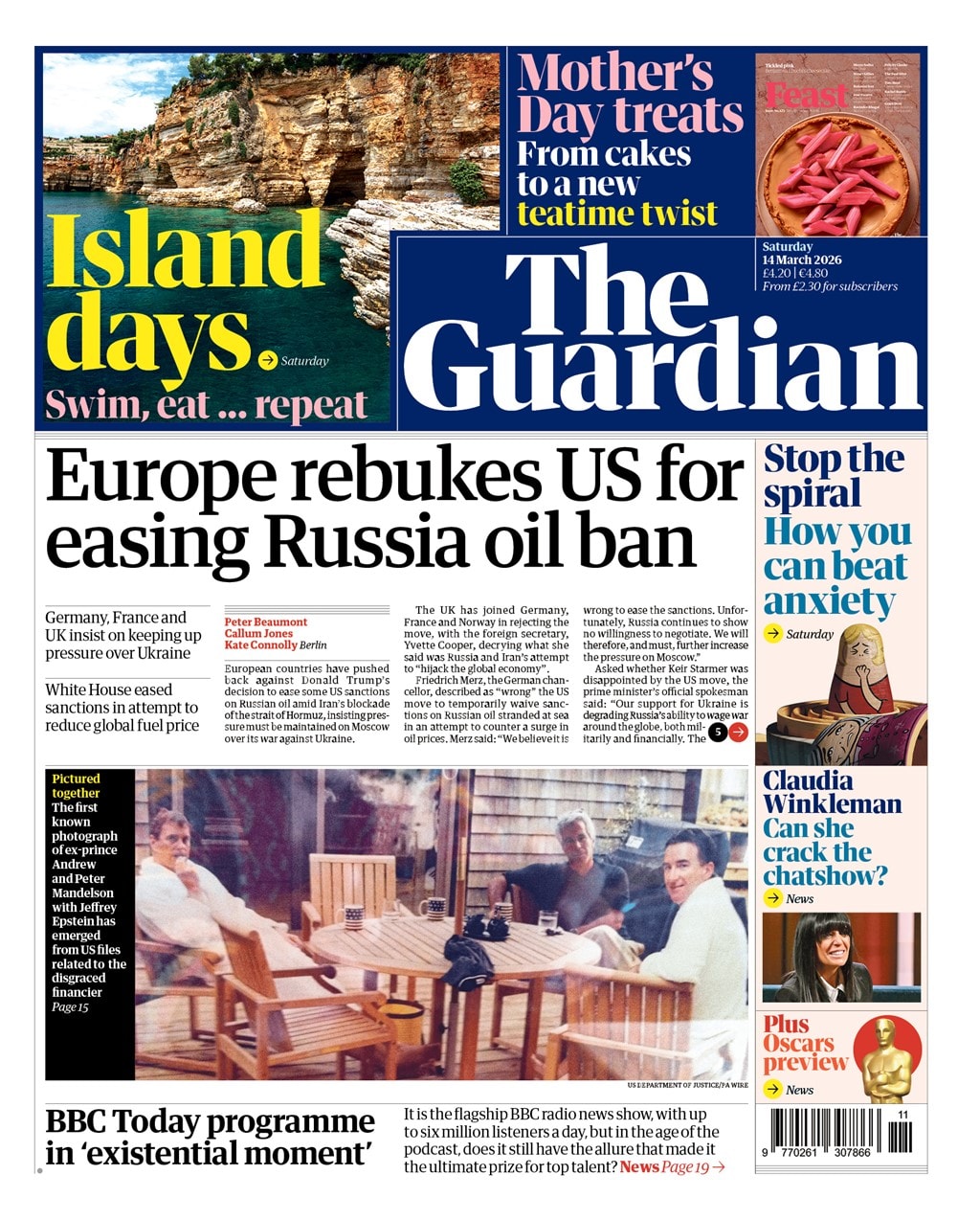 Front page of Guardian, 14 March 2026