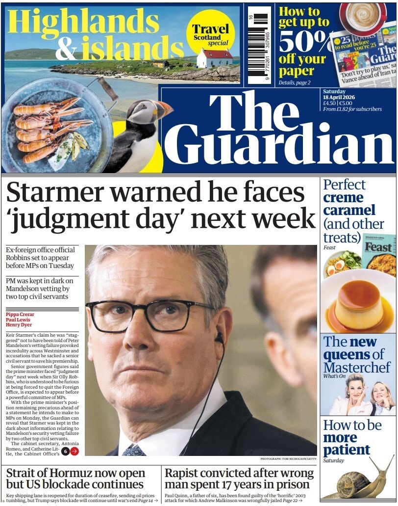 Front page of Guardian, 18 April 2026