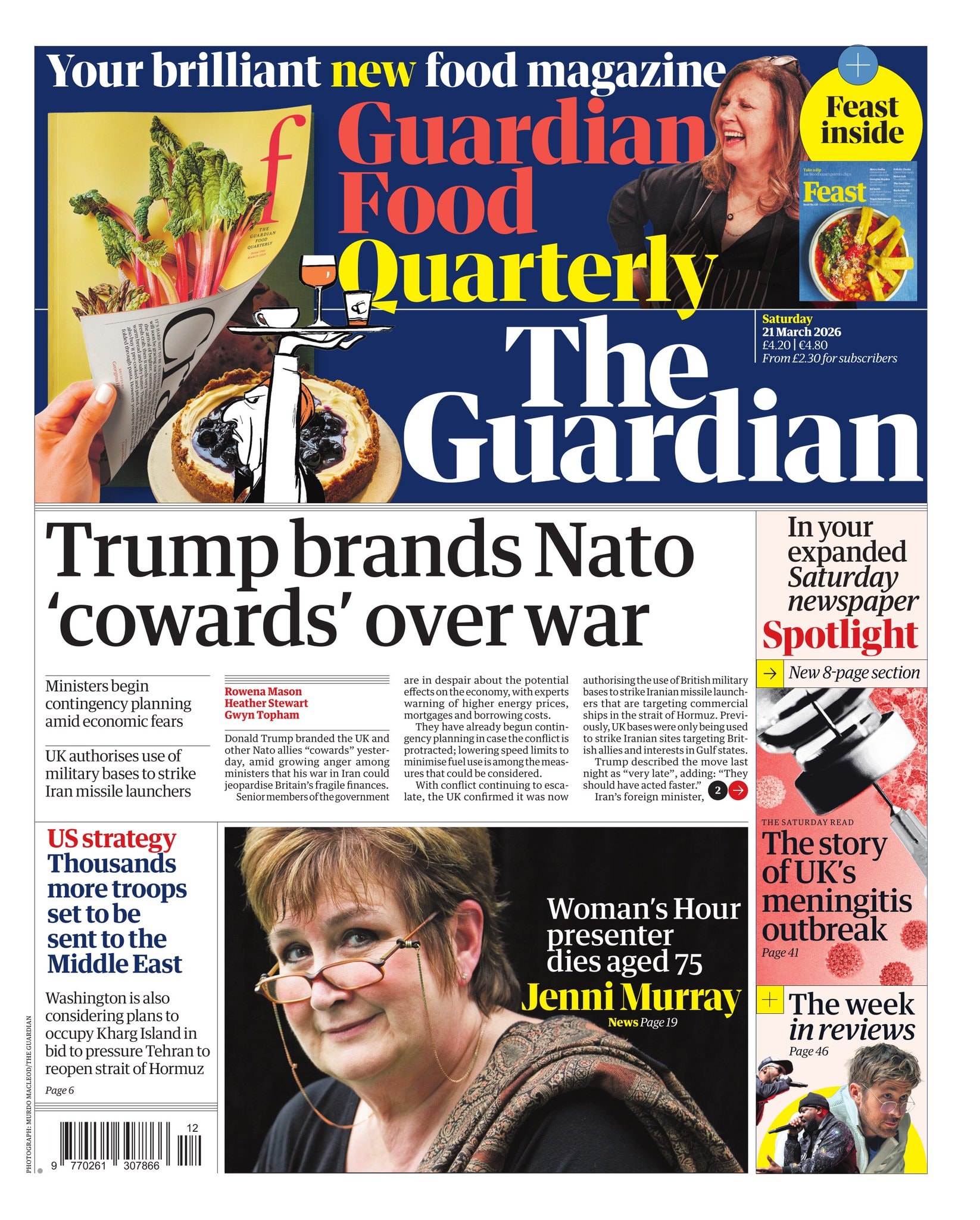 Front page of Guardian, 21 March 2026