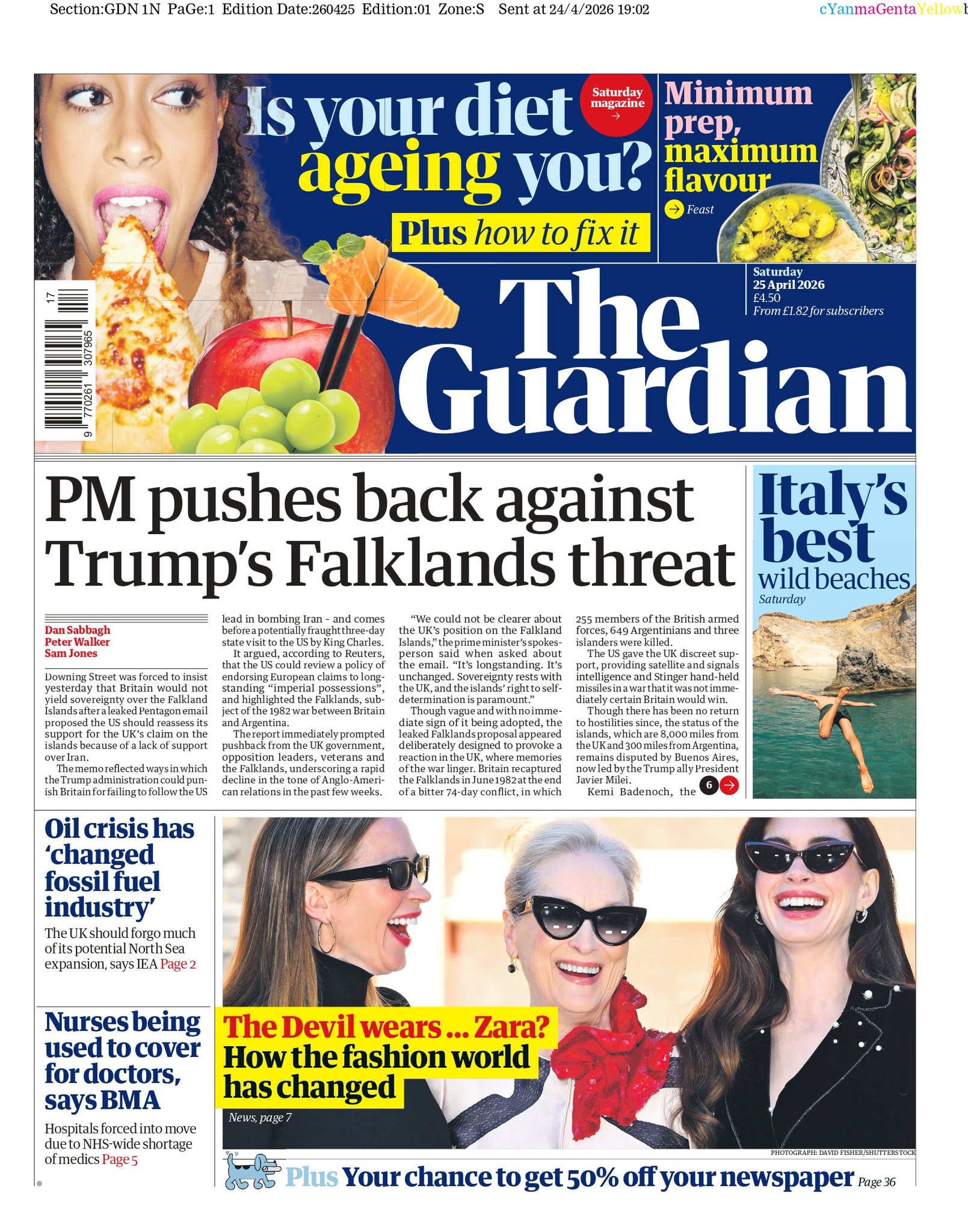 Front page of Guardian, 25 April 2026