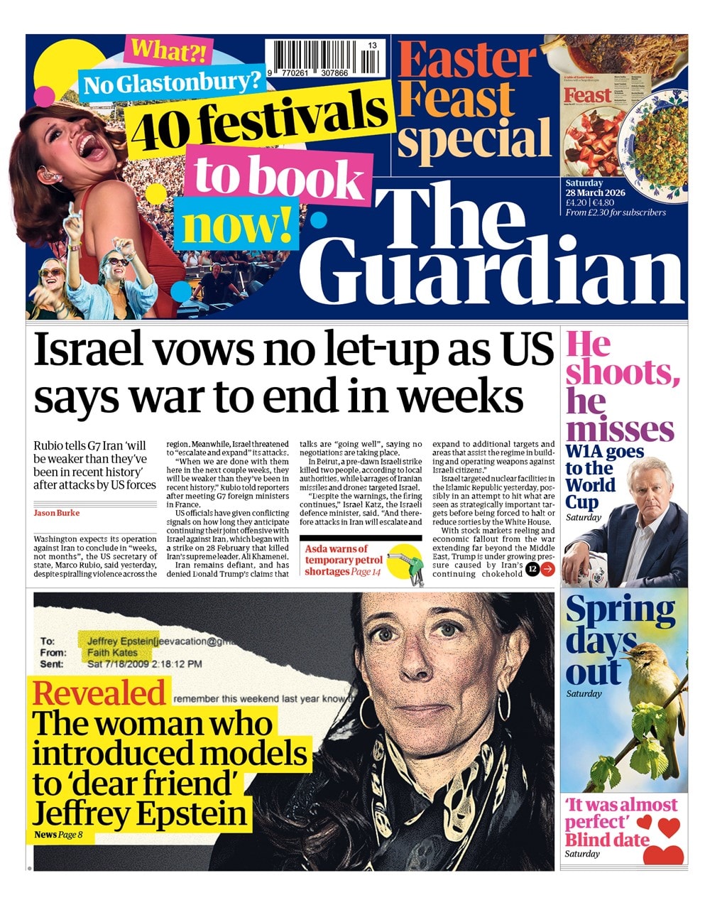 Front page of Guardian, 28 March 2026