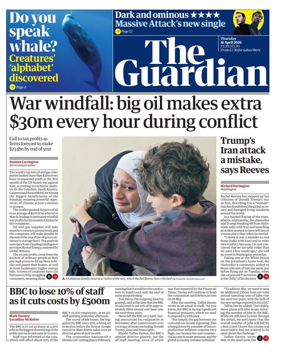 Front page of Guardian, 16 April 2026