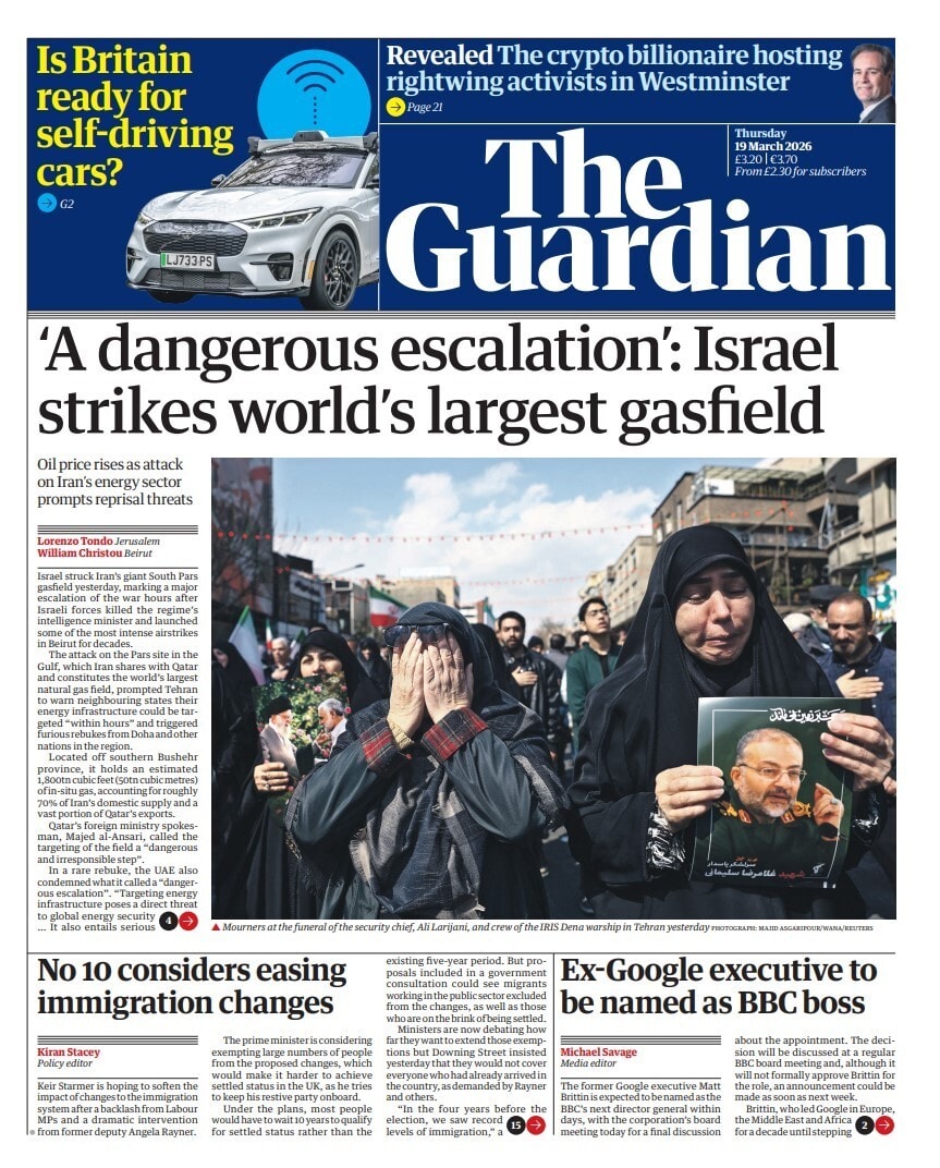 Front page of Guardian, 19 March 2026