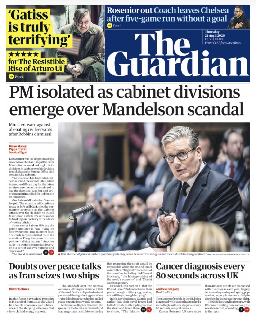Front page of Guardian, 23 April 2026