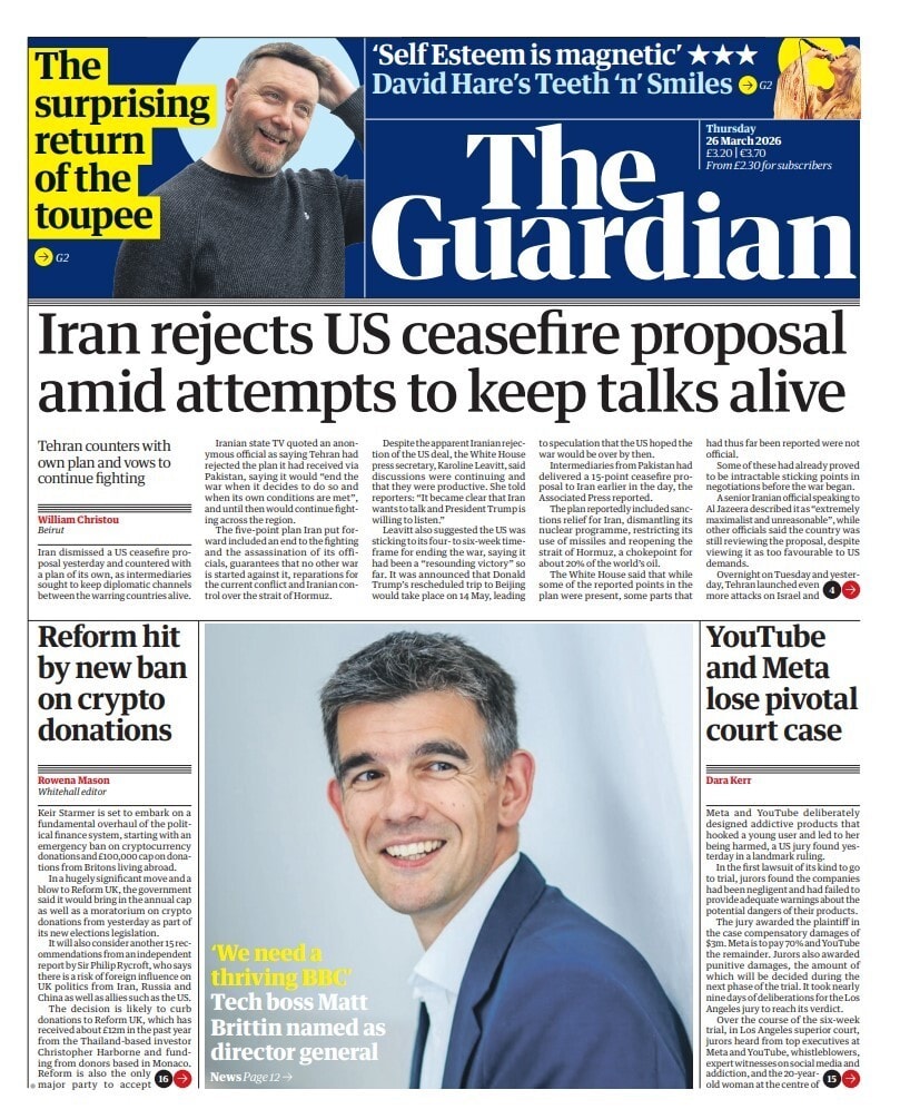 Front page of Guardian, 26 March 2026