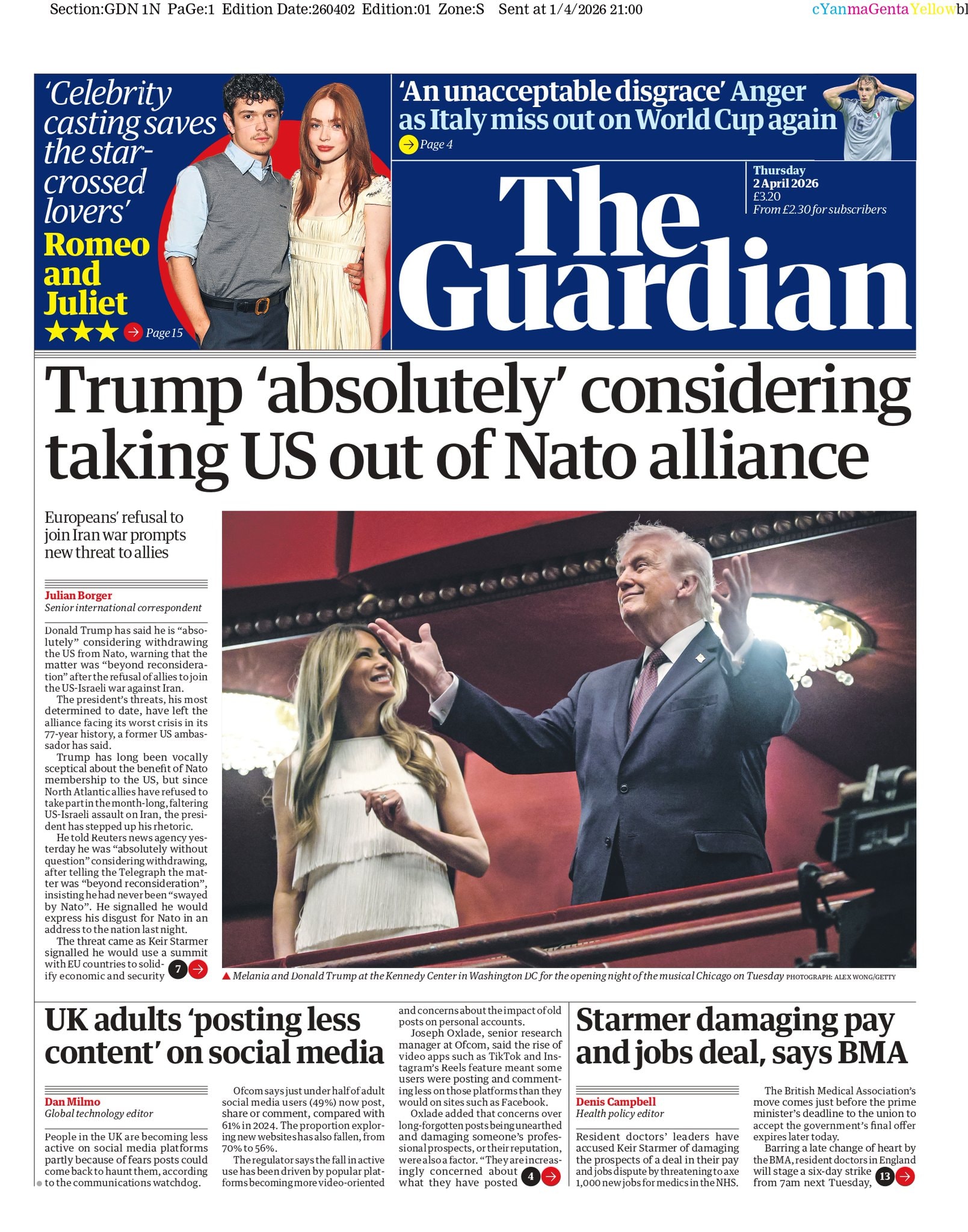 Front page of Guardian, 2 April 2026