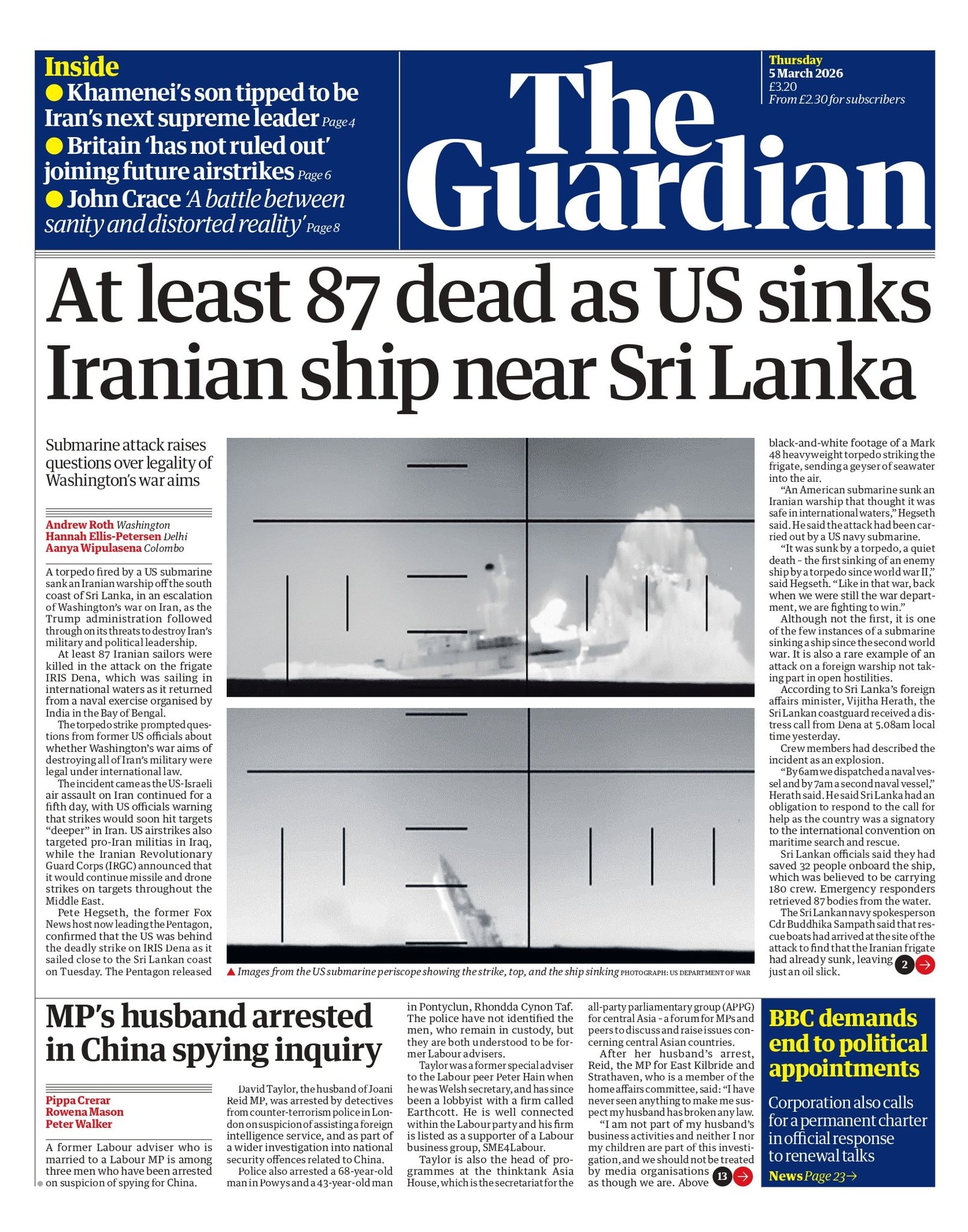 Front page of Guardian, 5 March 2026
