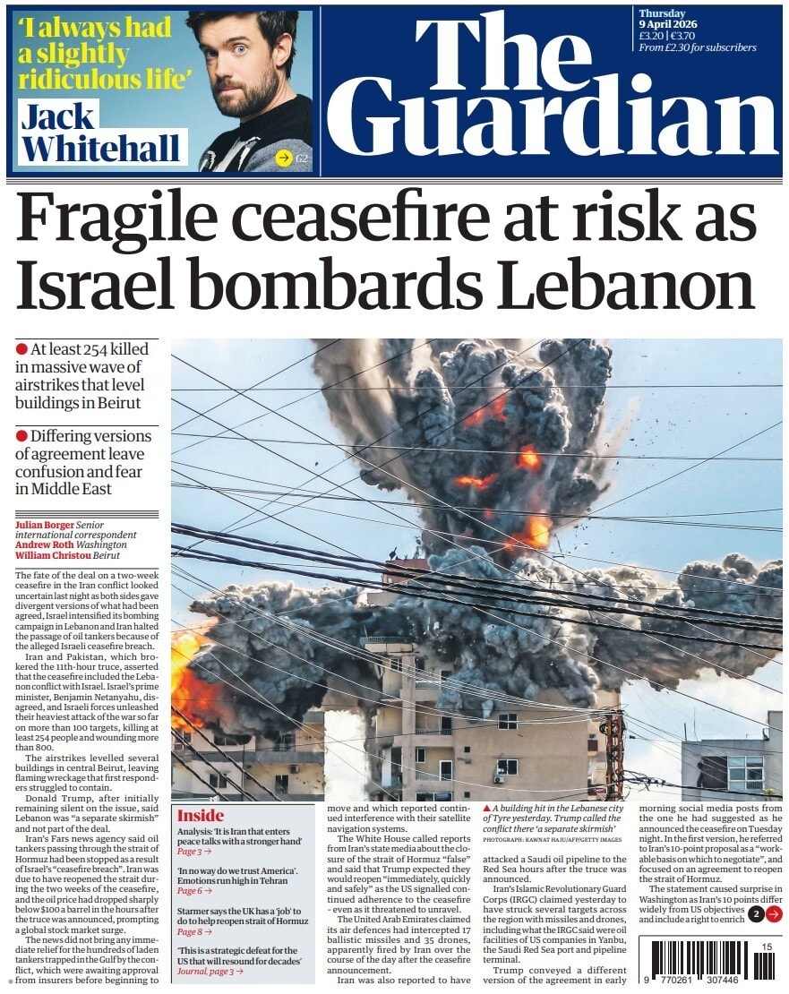 Front page of Guardian, 9 April 2026