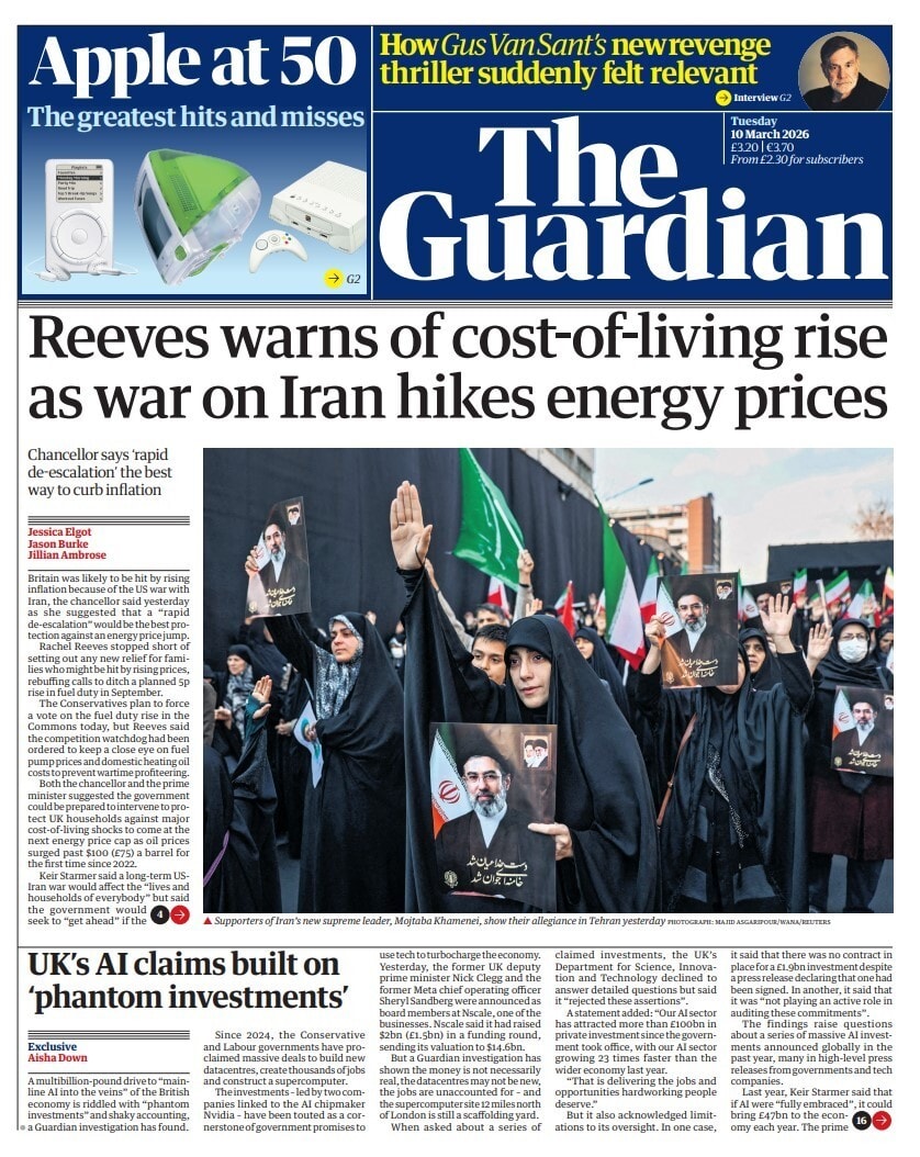 Front page of Guardian, 10 March 2026