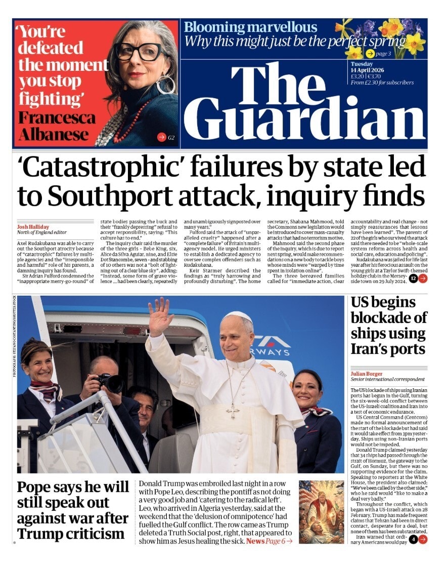 Front page of Guardian, 14 April 2026