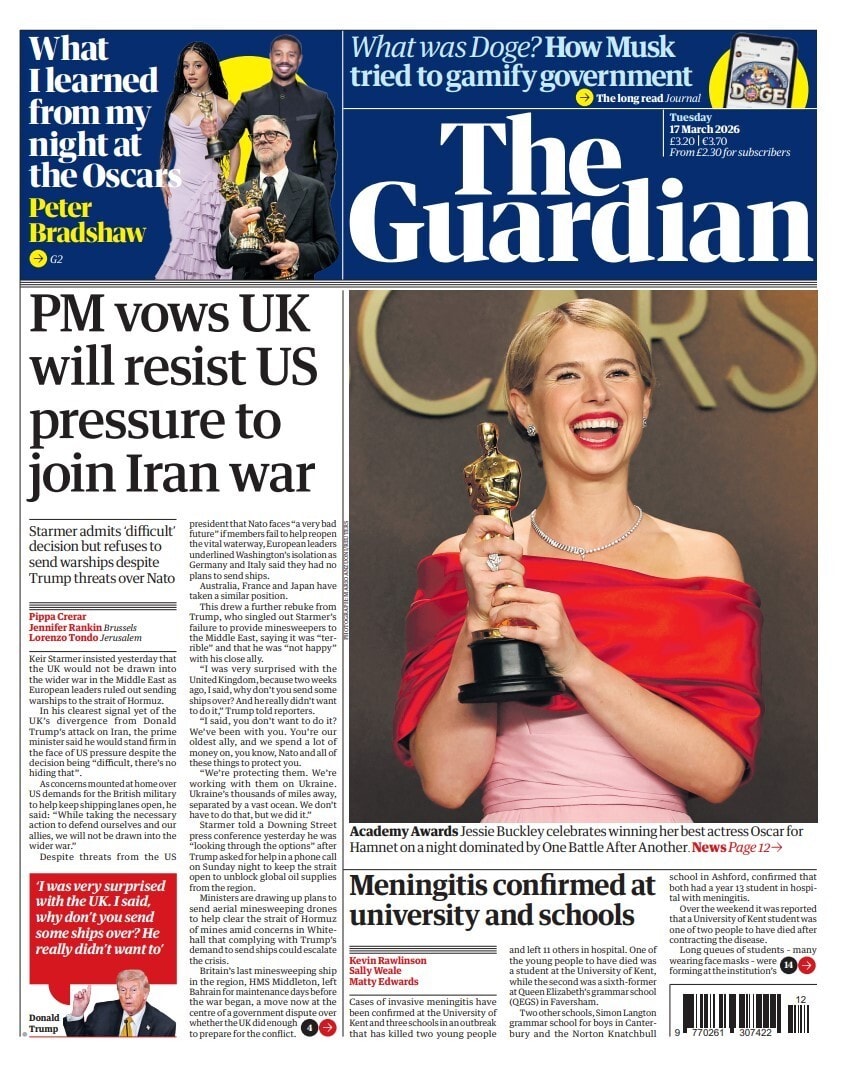 Front page of Guardian, 17 March 2026