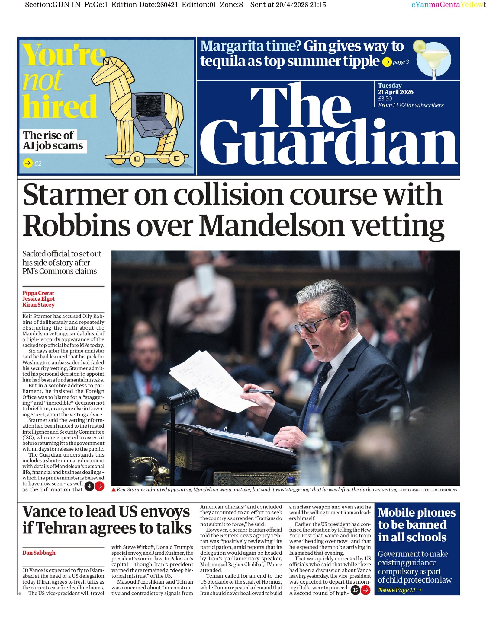 Front page of Guardian, 21 April 2026